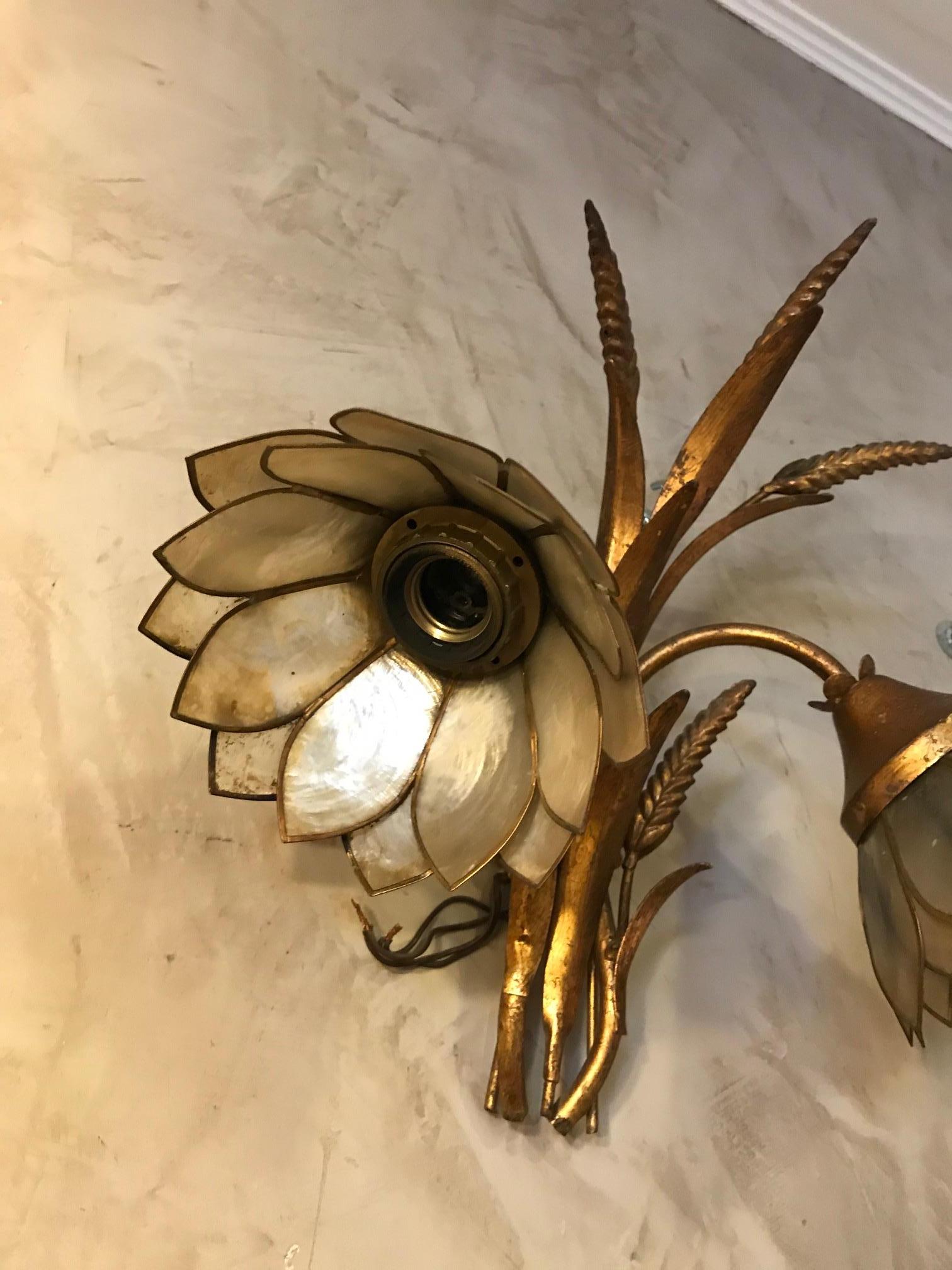 20th Century French Golden Metal and Mother of Pearl Wall Lights, 1980s  For Sale 4