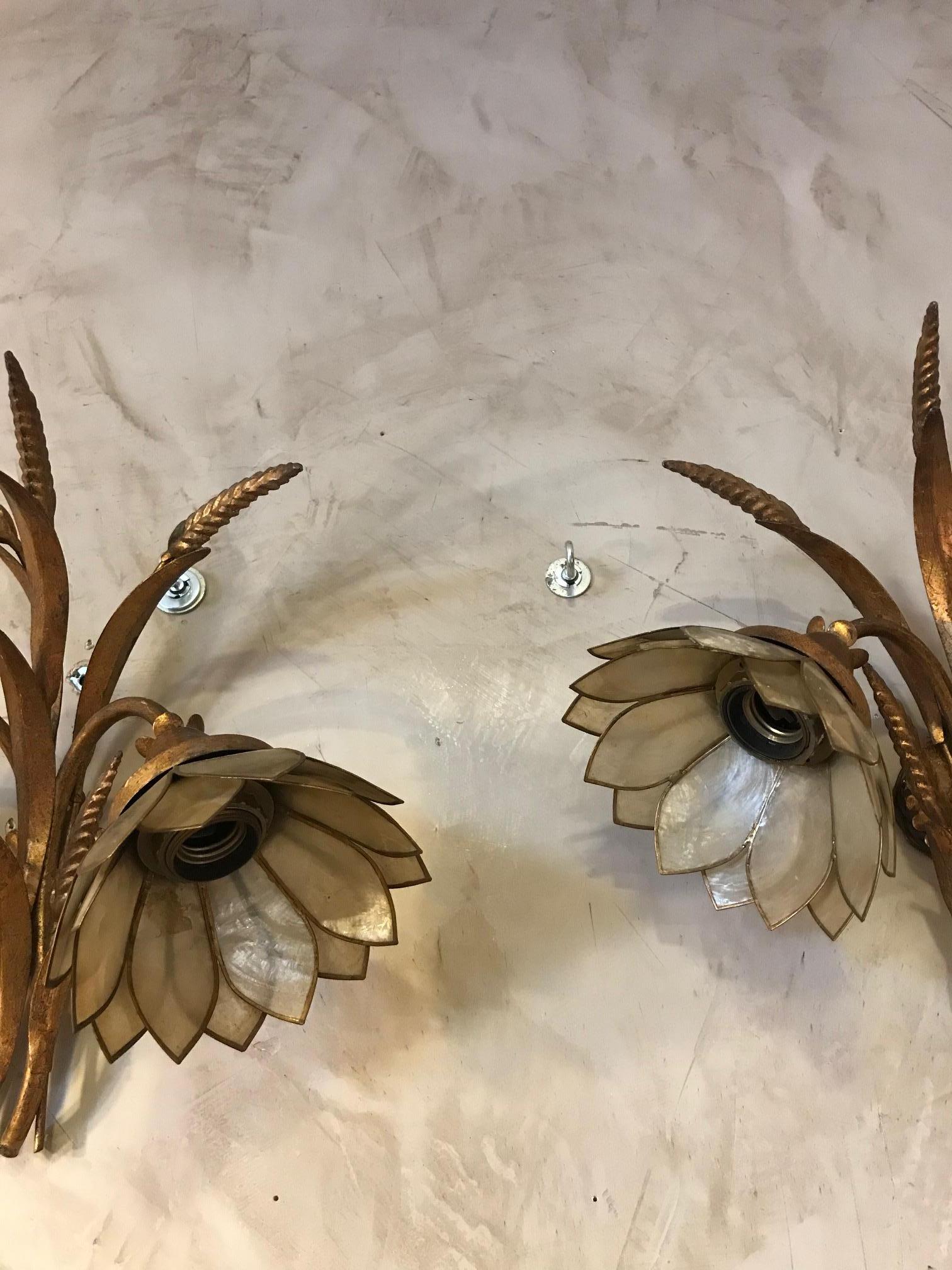 20th Century French Golden Metal and Mother of Pearl Wall Lights, 1980s  For Sale 5