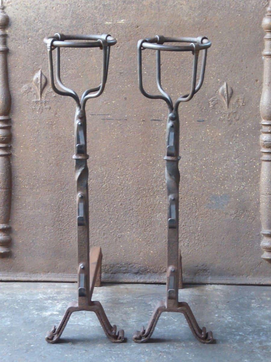 20th century French Gothic Style andirons made of wrought iron. The condition is good.