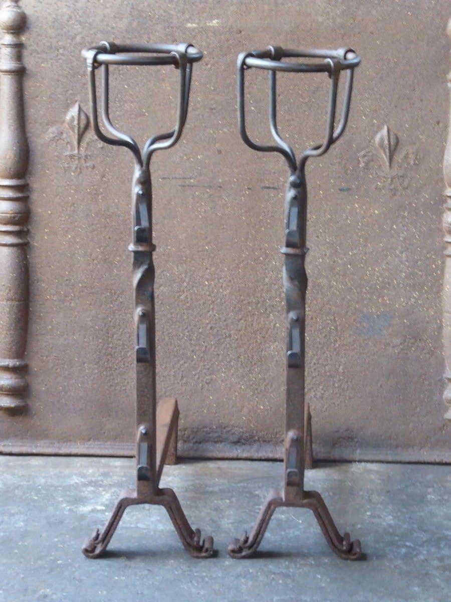 Forged 20th Century French Gothic Style Andirons or Firedogs For Sale