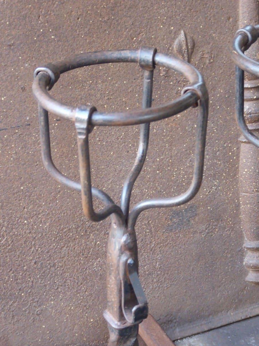 Wrought Iron 20th Century French Gothic Style Andirons or Firedogs For Sale