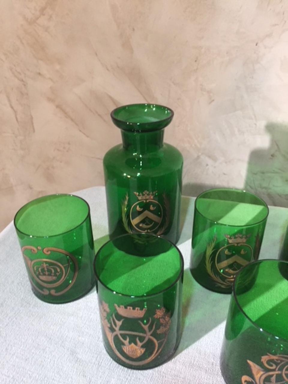 Glass 20th Century French Green and Gold Auteuil Whisky Serveware, 1950s
