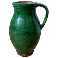 Vintage 20th Century French Green Glazed Pottery Jug or Pitcher with Handle, Unmarked