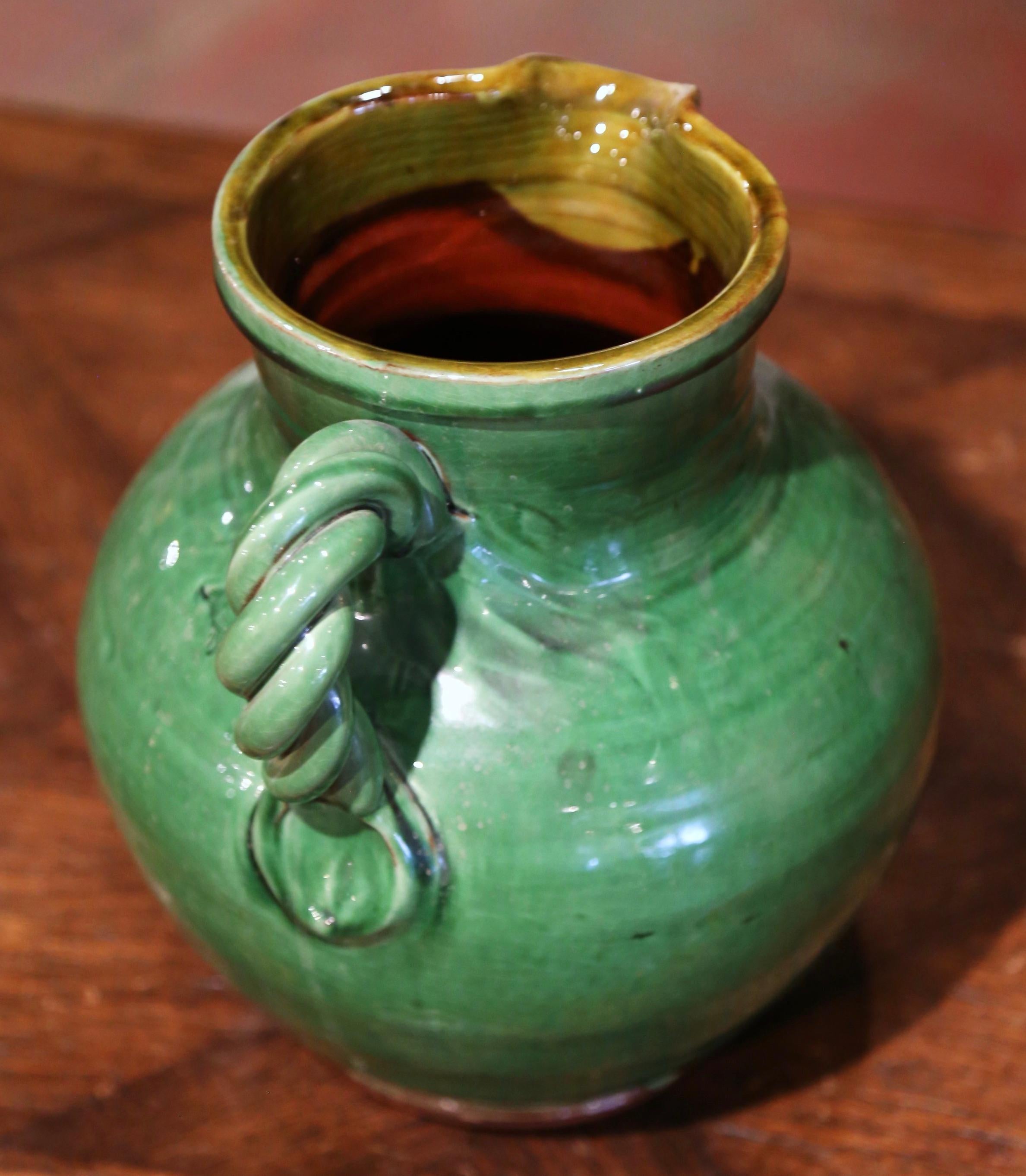 20th Century French Green Glazed Pottery Pitcher from Provence 6