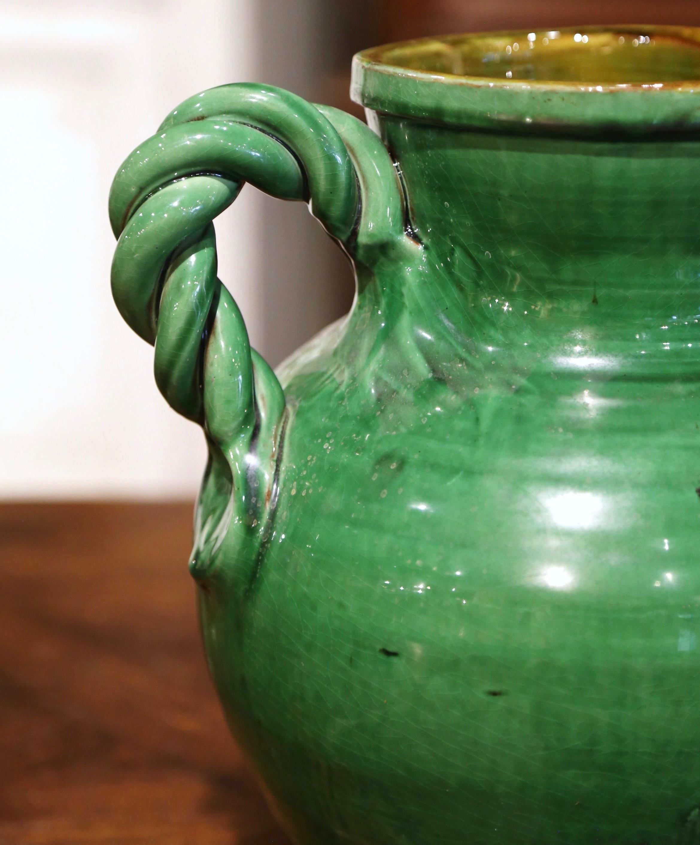 20th Century French Green Glazed Pottery Pitcher from Provence In Excellent Condition In Dallas, TX