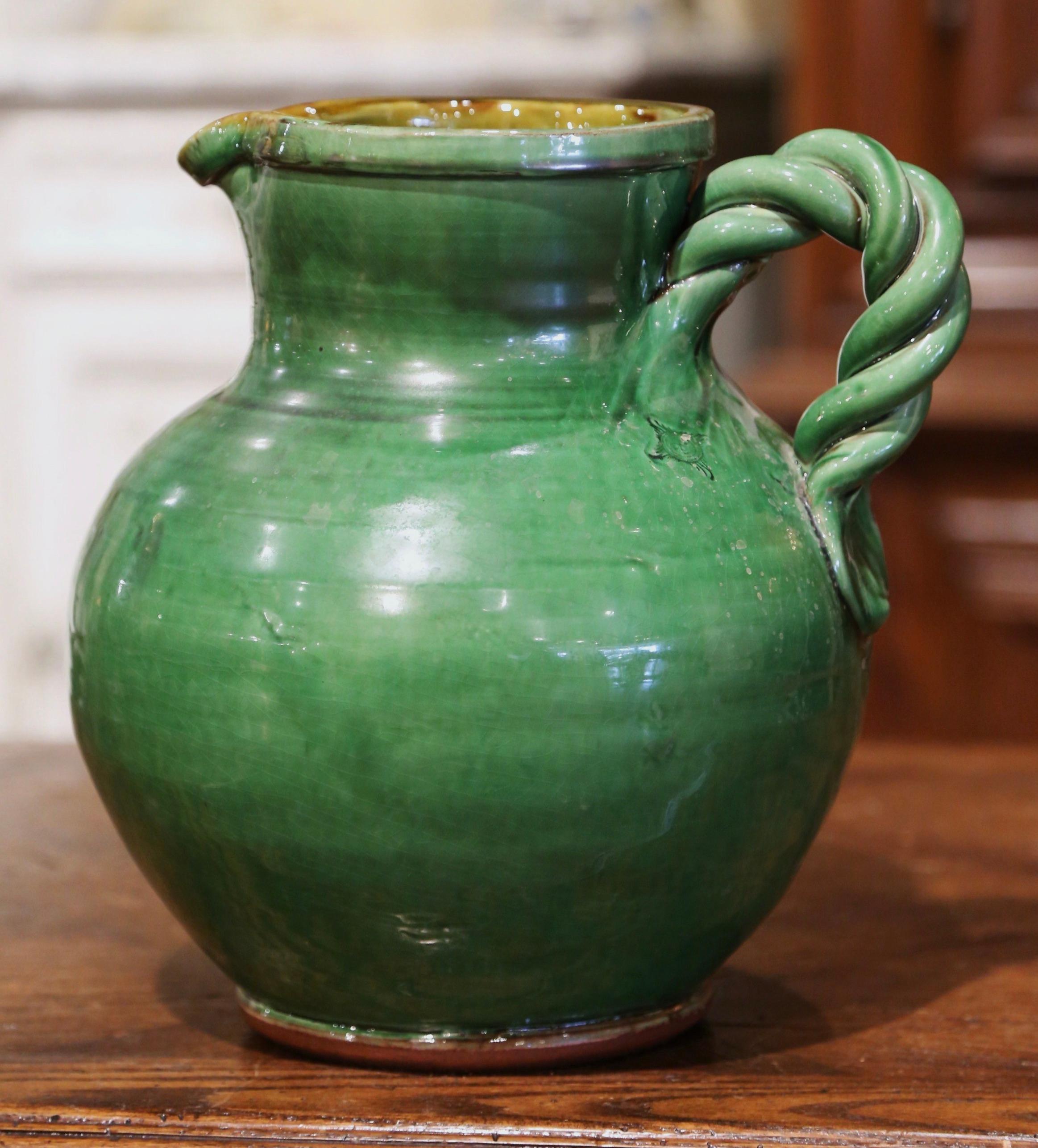 Earthenware 20th Century French Green Glazed Pottery Pitcher from Provence