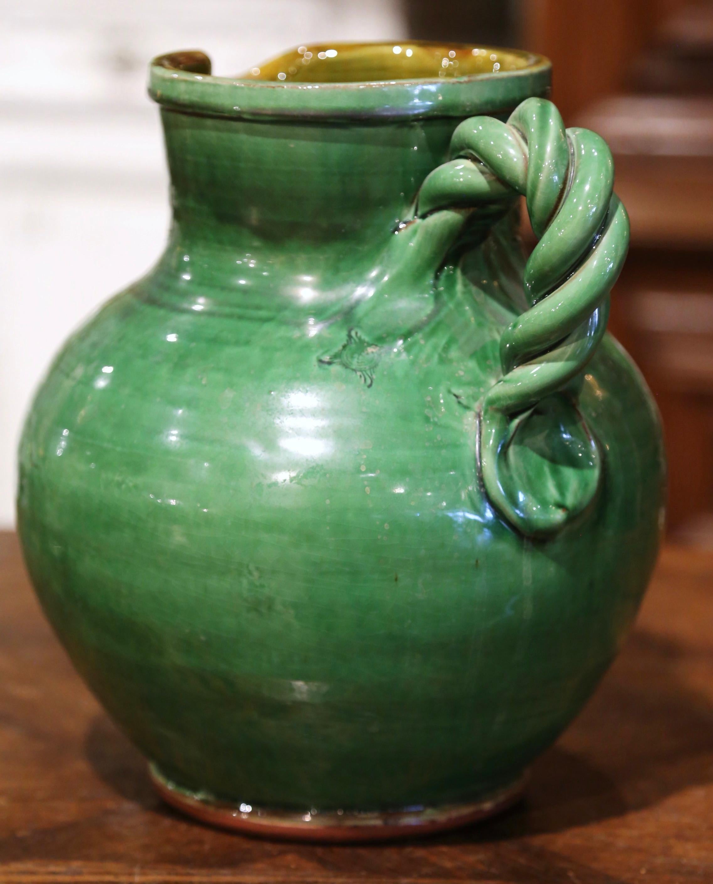 20th Century French Green Glazed Pottery Pitcher from Provence 2