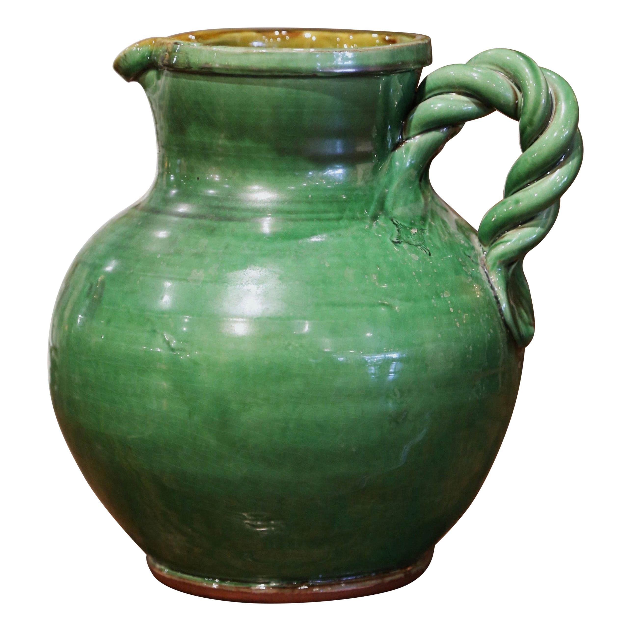 20th Century French Green Glazed Pottery Pitcher from Provence