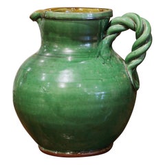 20th Century French Green Glazed Pottery Pitcher from Provence