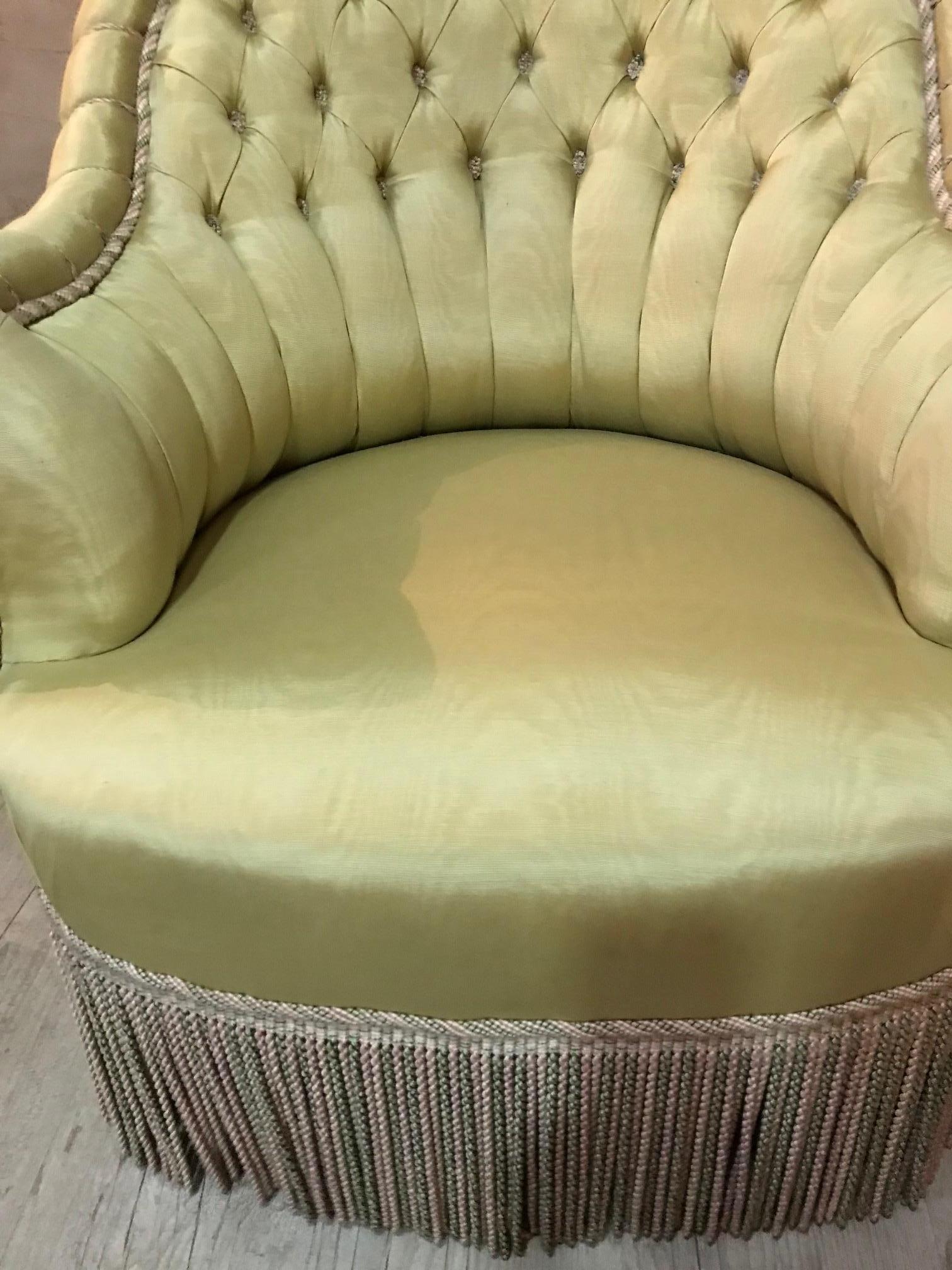 Mid-20th Century 20th Century French Green Moire Fabric Crapaud Armchair, 1940s