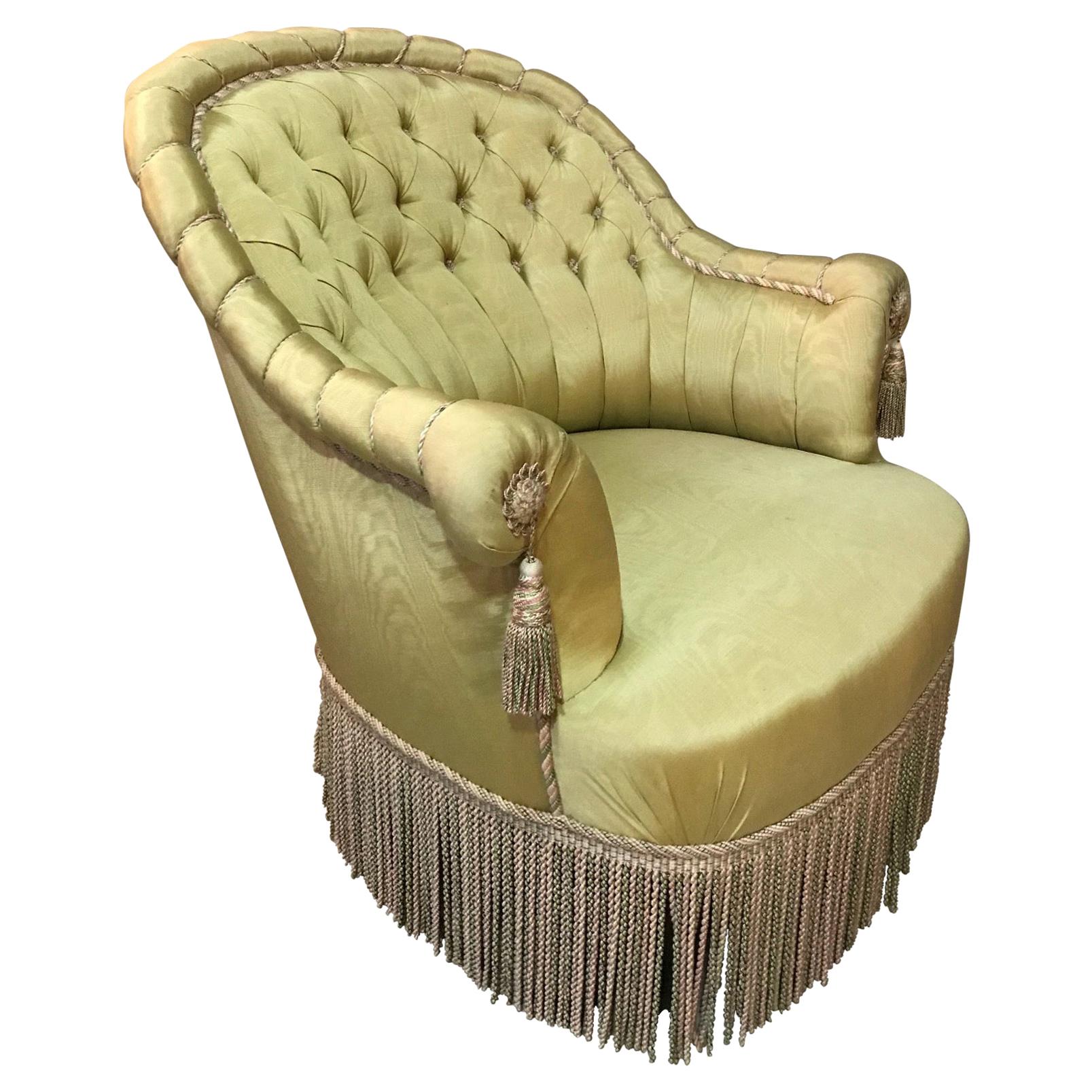 20th Century French Green Moire Fabric Crapaud Armchair, 1940s