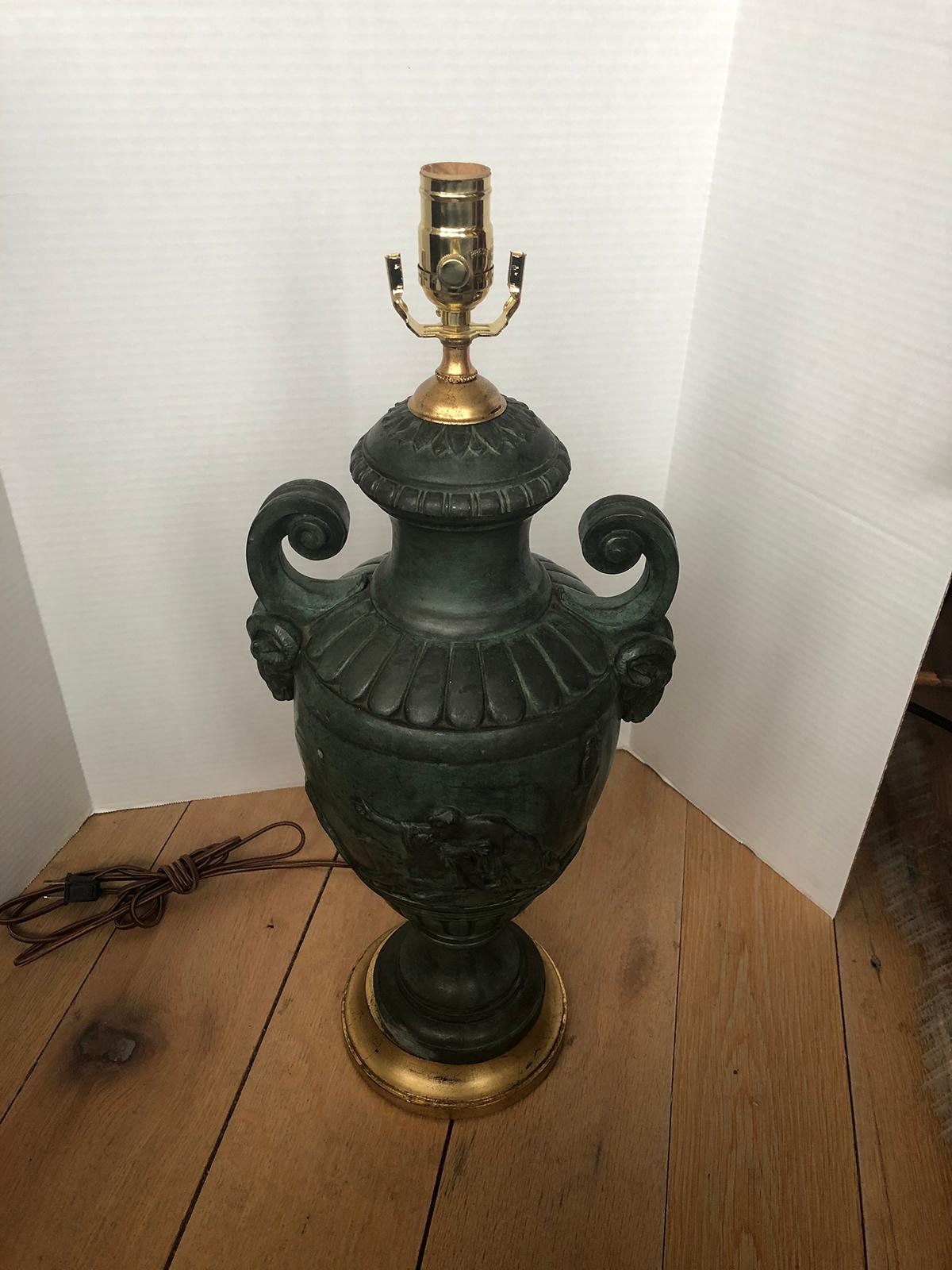 20th Century French Green Patinated Urn as Lamp with Custom Base 6