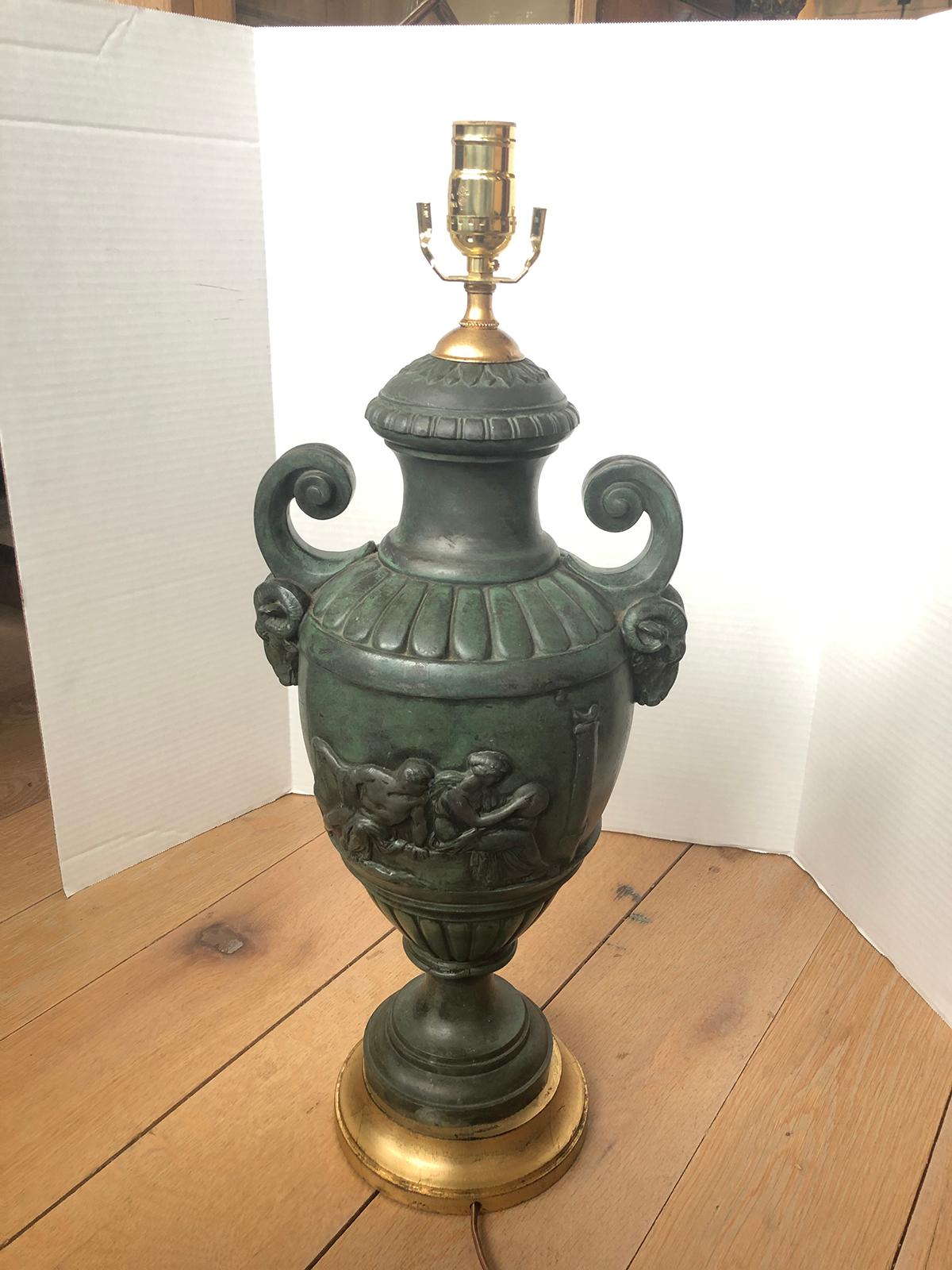 20th Century French Green Patinated Urn as Lamp with Custom Base 10