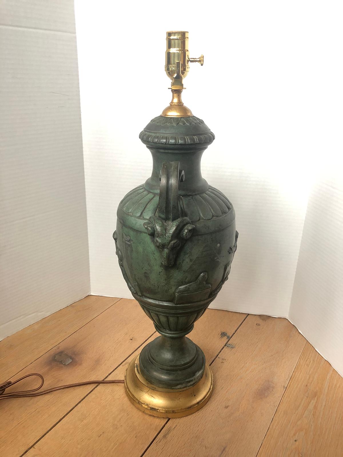 20th century French green patinated urn as lamp with custom base
New wiring.