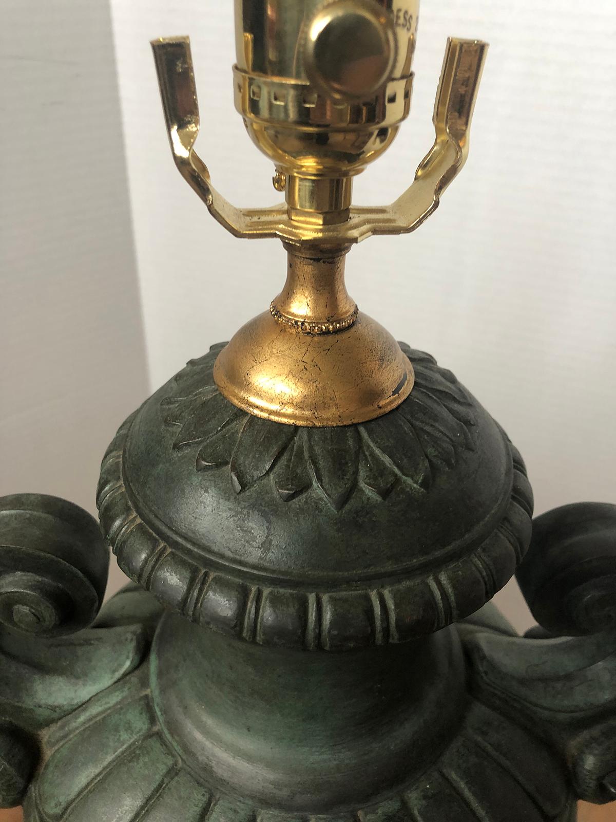 20th Century French Green Patinated Urn as Lamp with Custom Base In Good Condition In Atlanta, GA