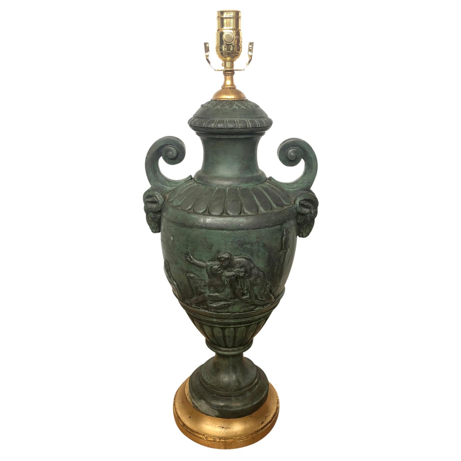 20th Century French Green Patinated Urn as Lamp with Custom Base