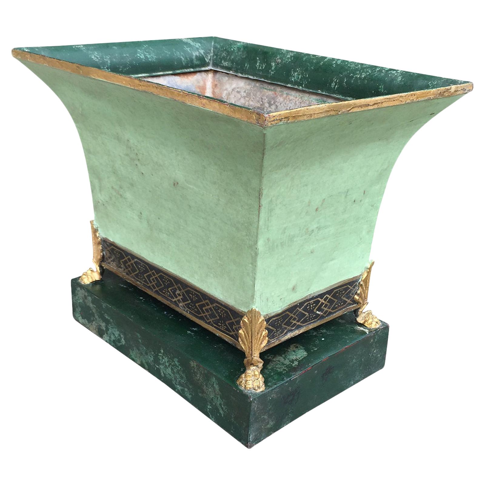 20th Century French Green Tole Cachepot with Paw Feet
