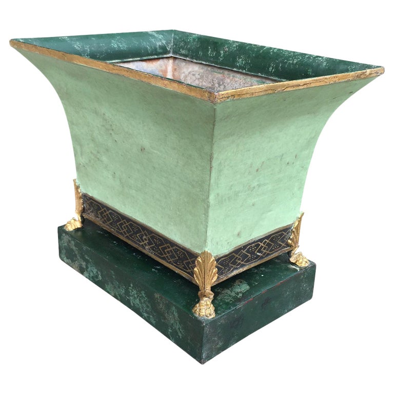 20th Century French Green Tole Cachepot with Paw Feet For Sale