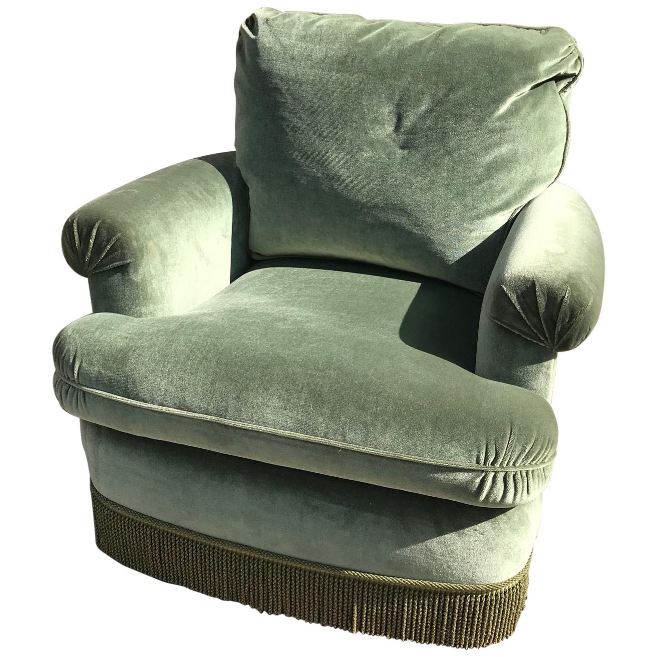 20th Century French Green Velvet Comfortable Armchair, 1950s