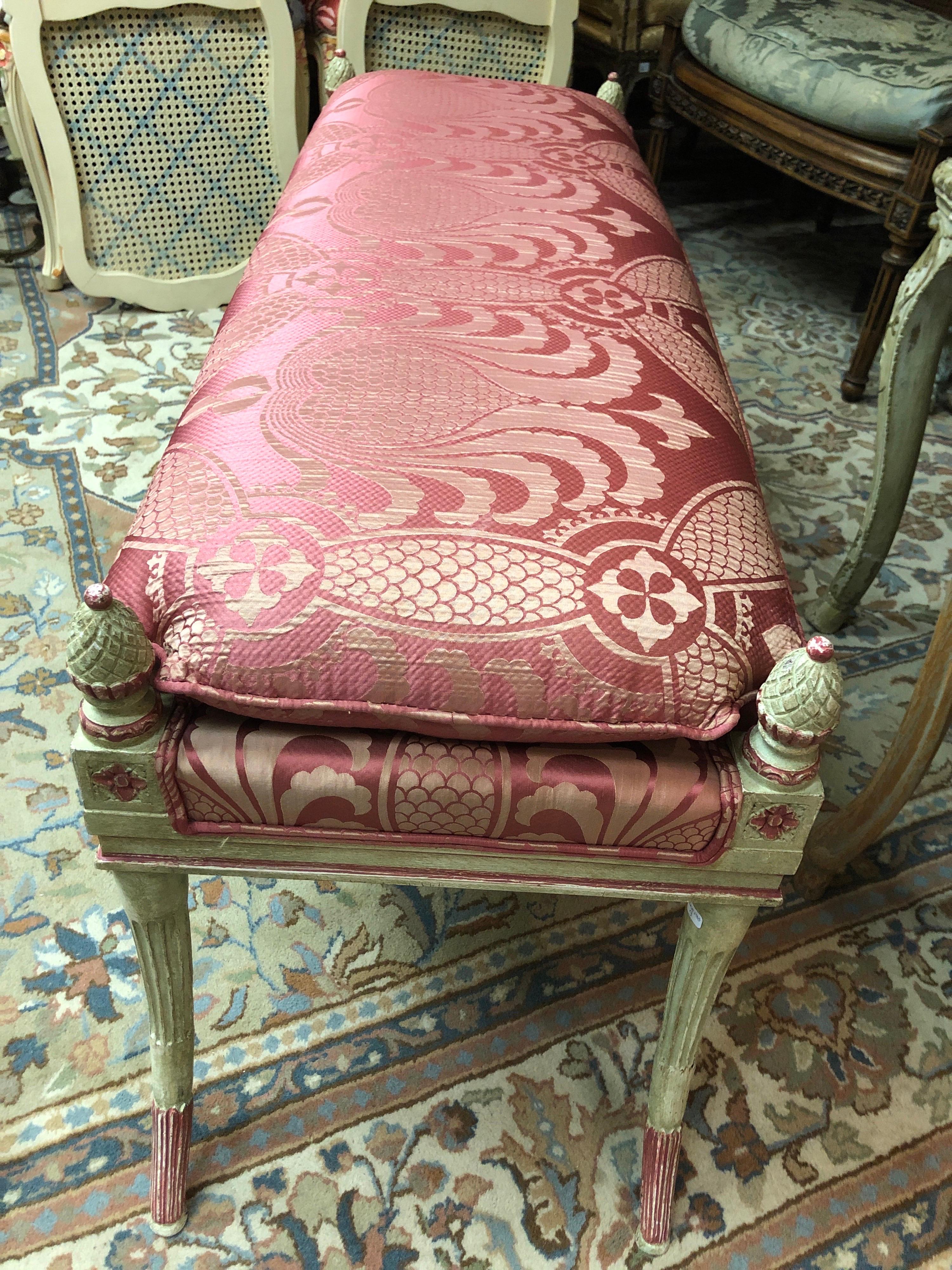 Hand-Carved 20th Century French Hand Carved and Hand Painted Bench with Silk Upholstery For Sale
