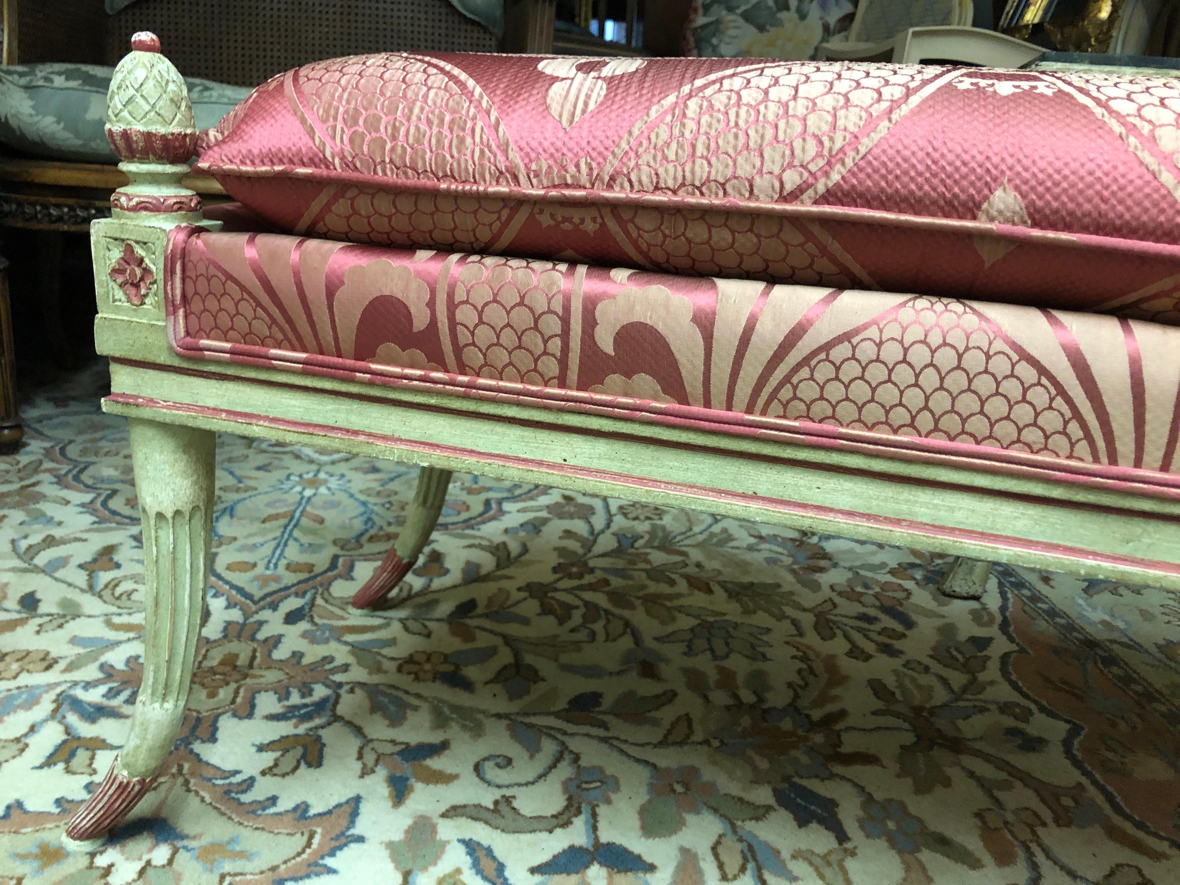 20th Century French Hand Carved and Hand Painted Bench with Silk Upholstery In Good Condition For Sale In Sofia, BG