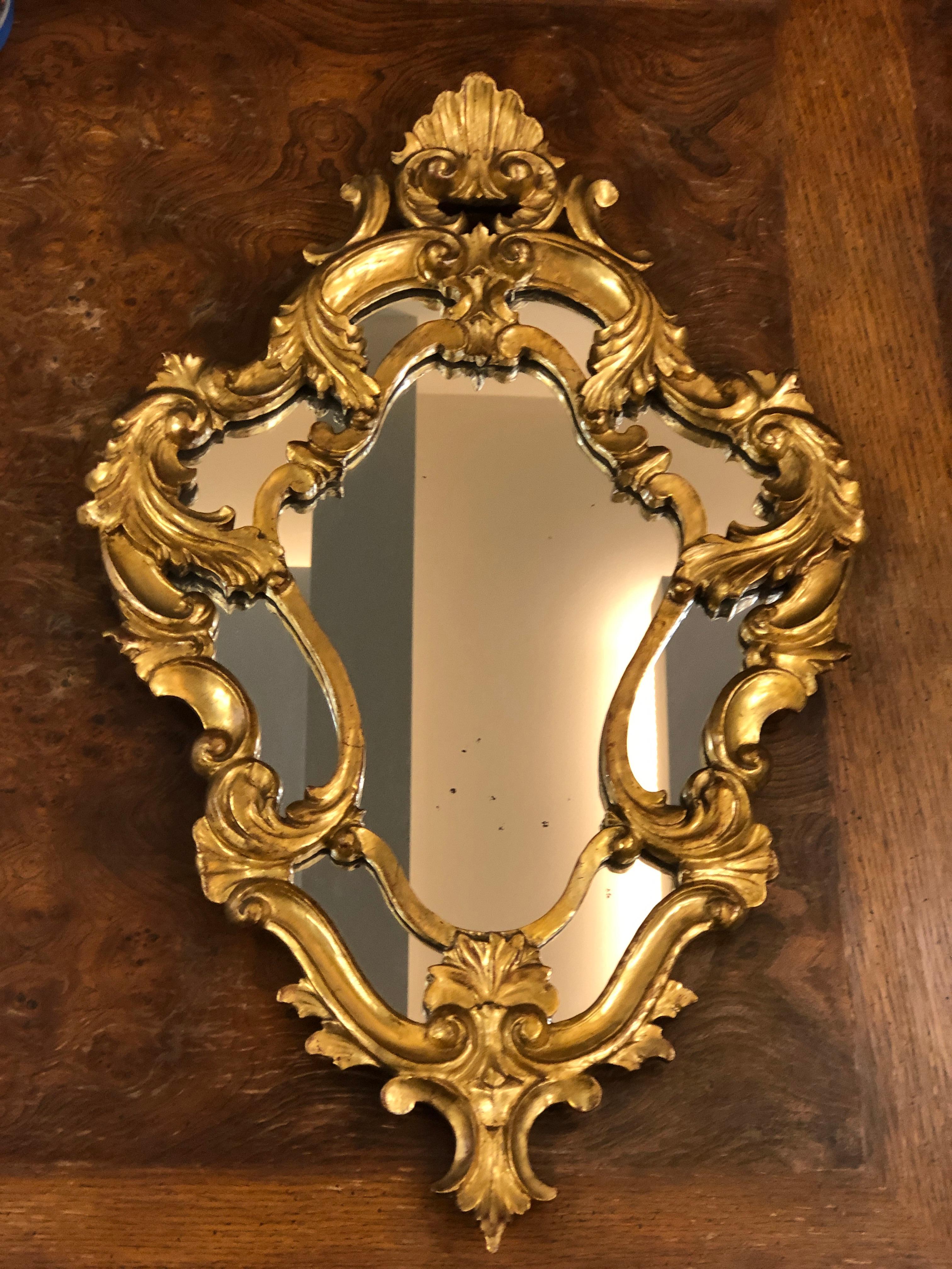 19th Century 20th Century French Hand Carved Giltwood Rocaille Crystal Mirror For Sale