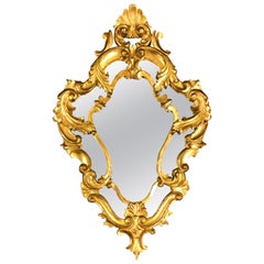 Antique 20th Century French Hand Carved Giltwood Rocaille Crystal Mirror