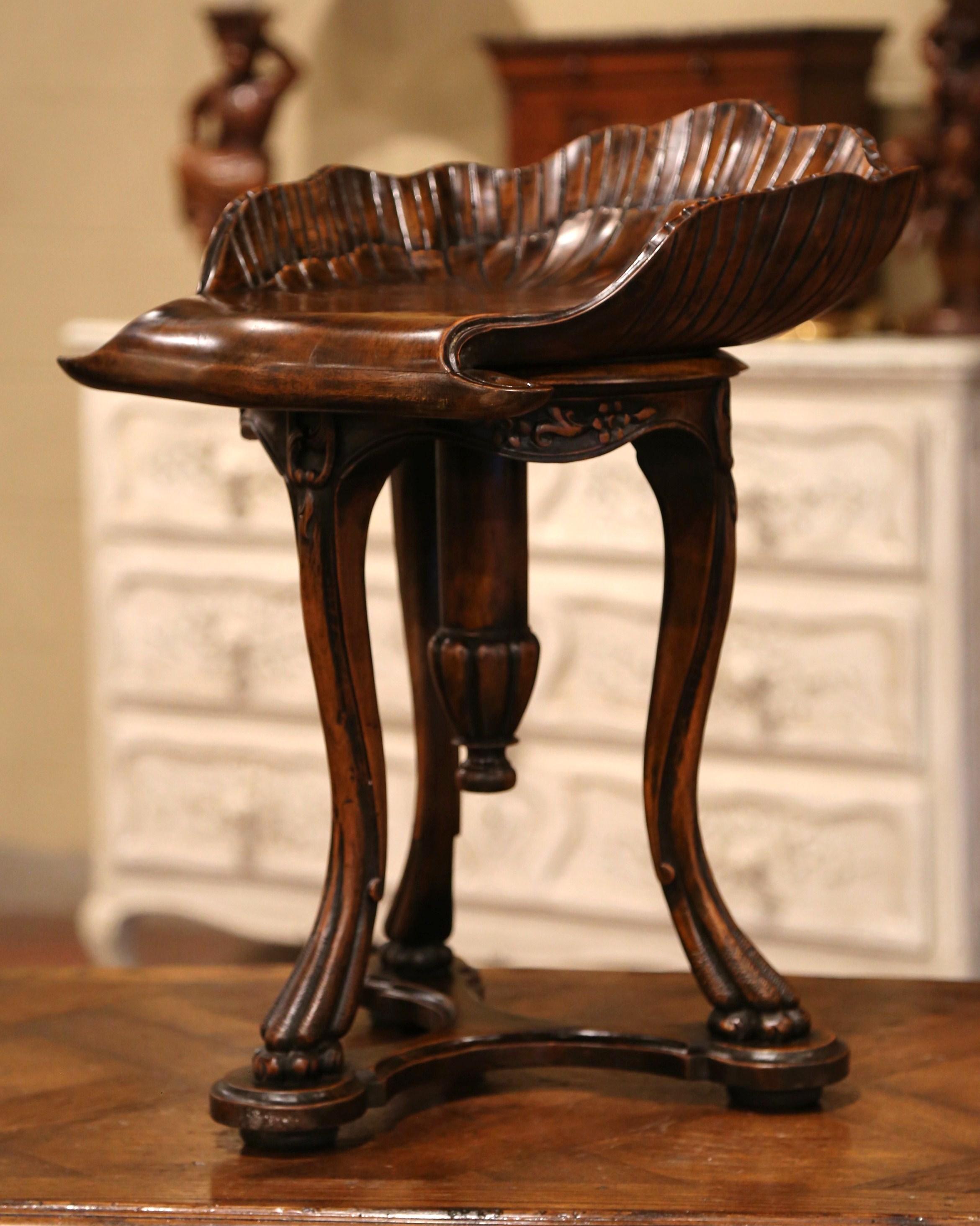 Louis XIV 20th Century French Hand Carved Walnut Piano Grotto Stool with Shell Motif