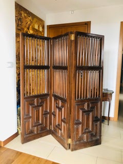 20th Century French Hand Carved Wooden Folding Screen with Three Panels