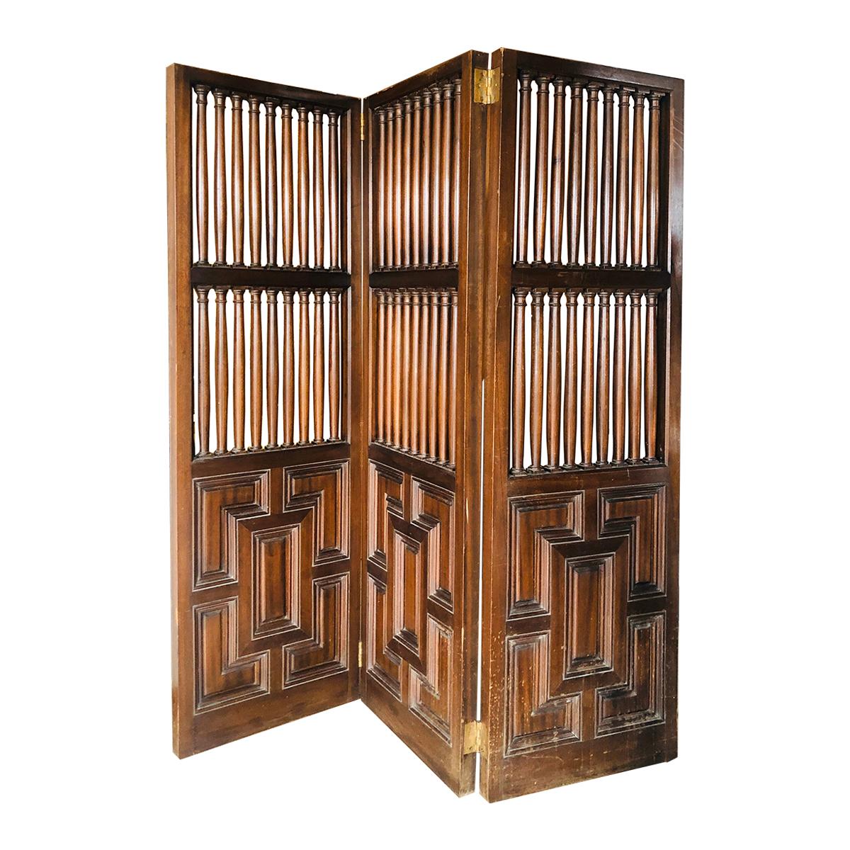 20th Century French Hand Carved Wooden Folding Screen with Three Panels For Sale