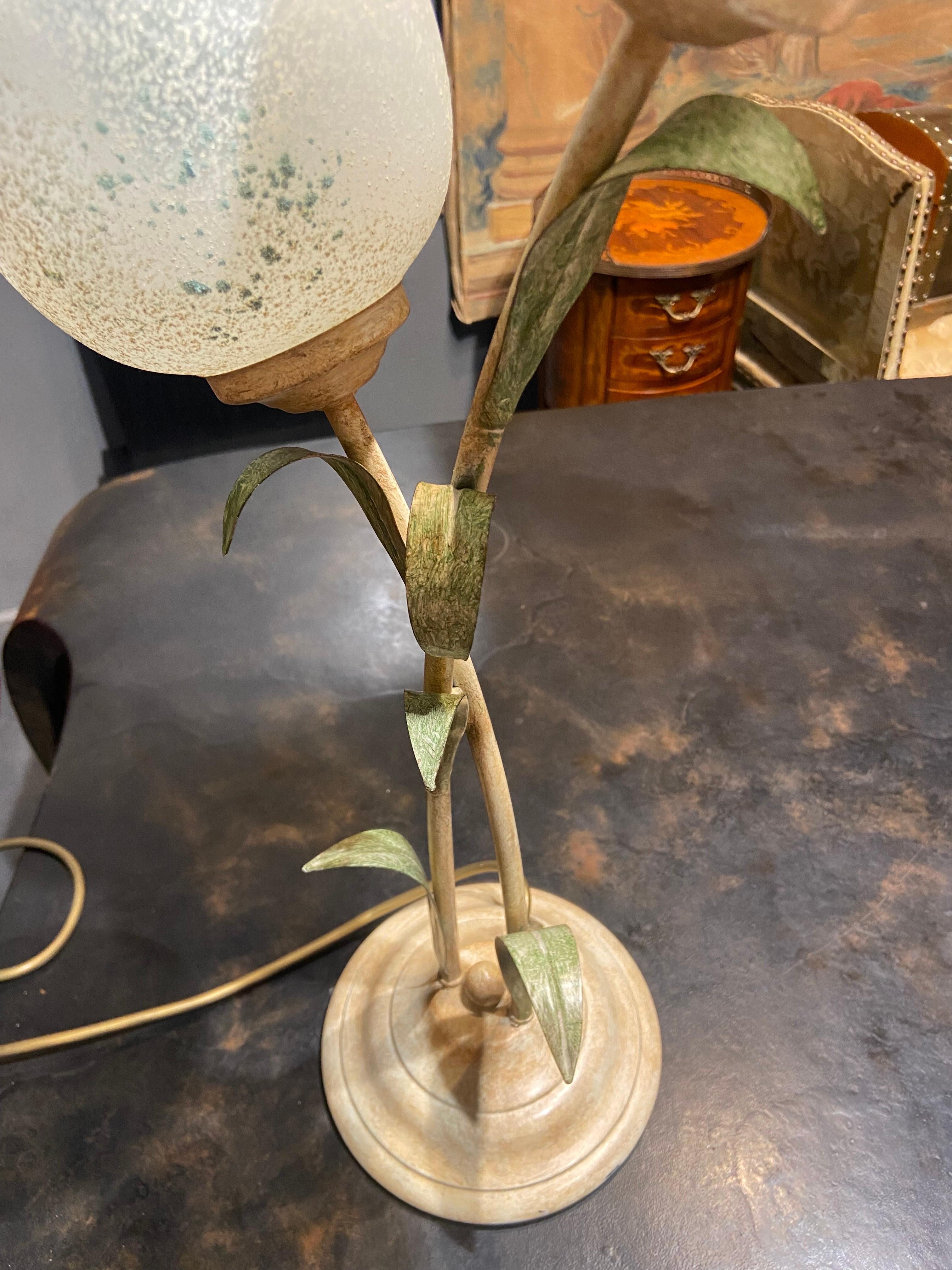 Hand made French metal lamp with pair of glass tulips.
France, circa 1990.