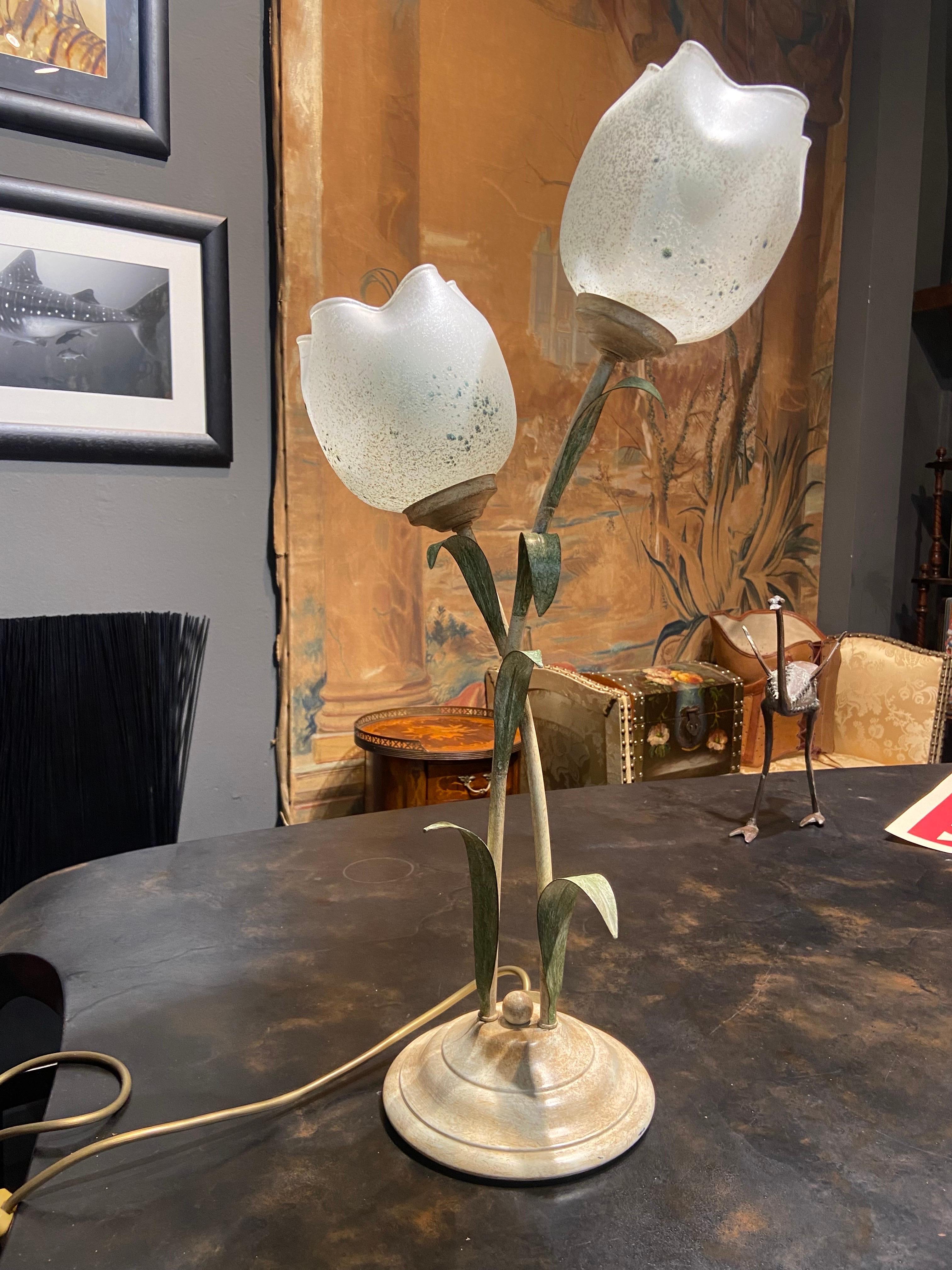 Metal 20th Century French Hand Made Table Lamp with Pair of Glass Tulips For Sale