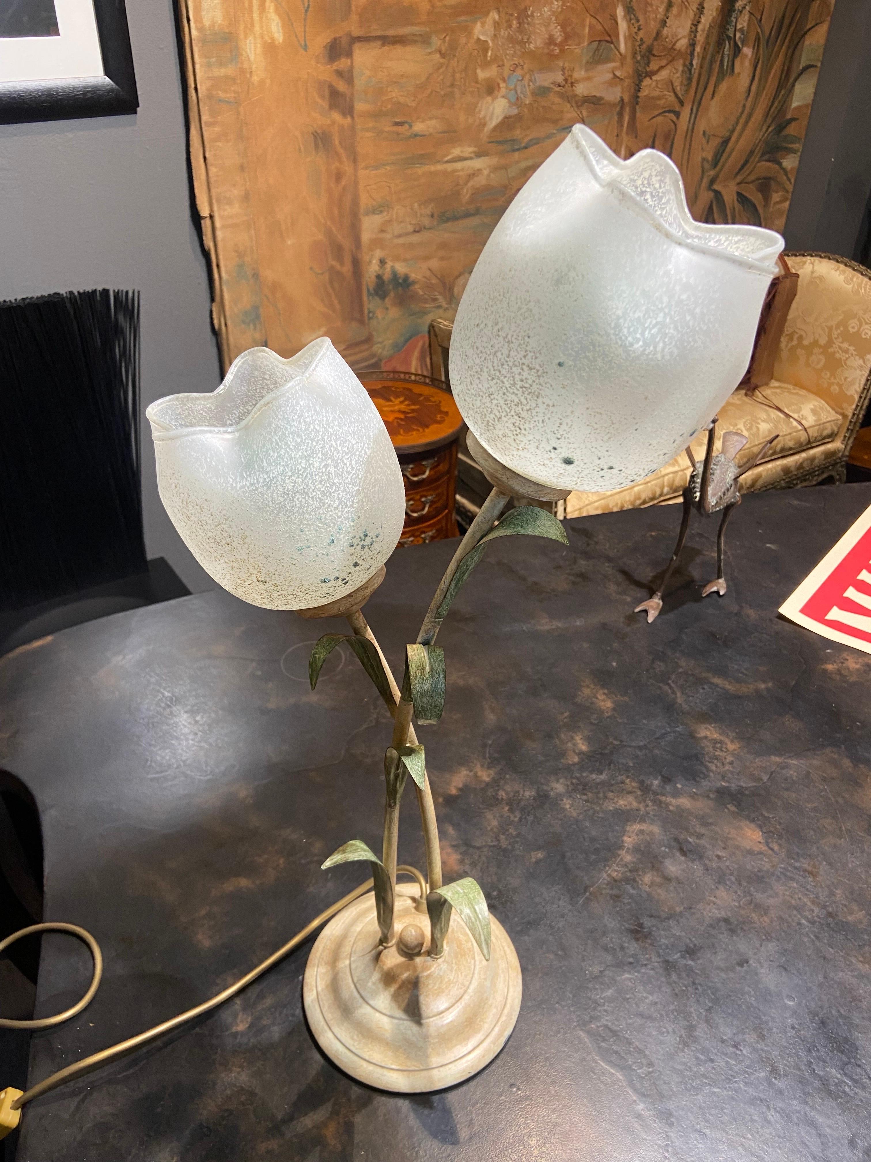 20th Century French Hand Made Table Lamp with Pair of Glass Tulips For Sale 3