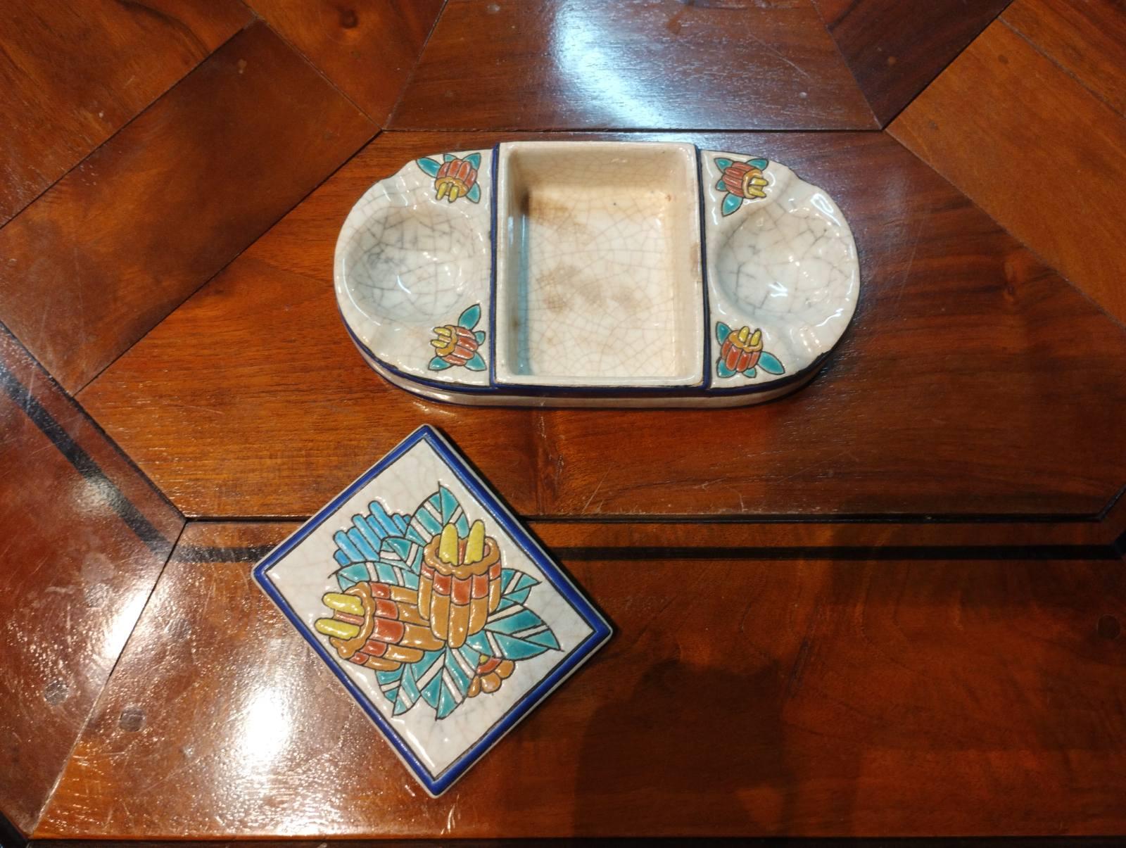 Hand-Painted 20th Century French Hand Painted Ceramic Ashtray by Longwy Stamped and Numbered For Sale