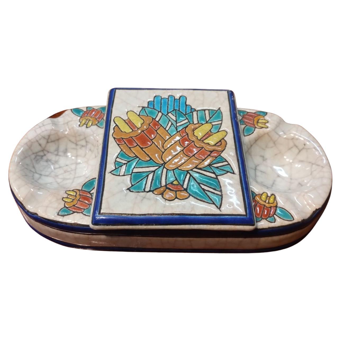 20th Century French Hand Painted Ceramic Ashtray by Longwy Stamped and Numbered