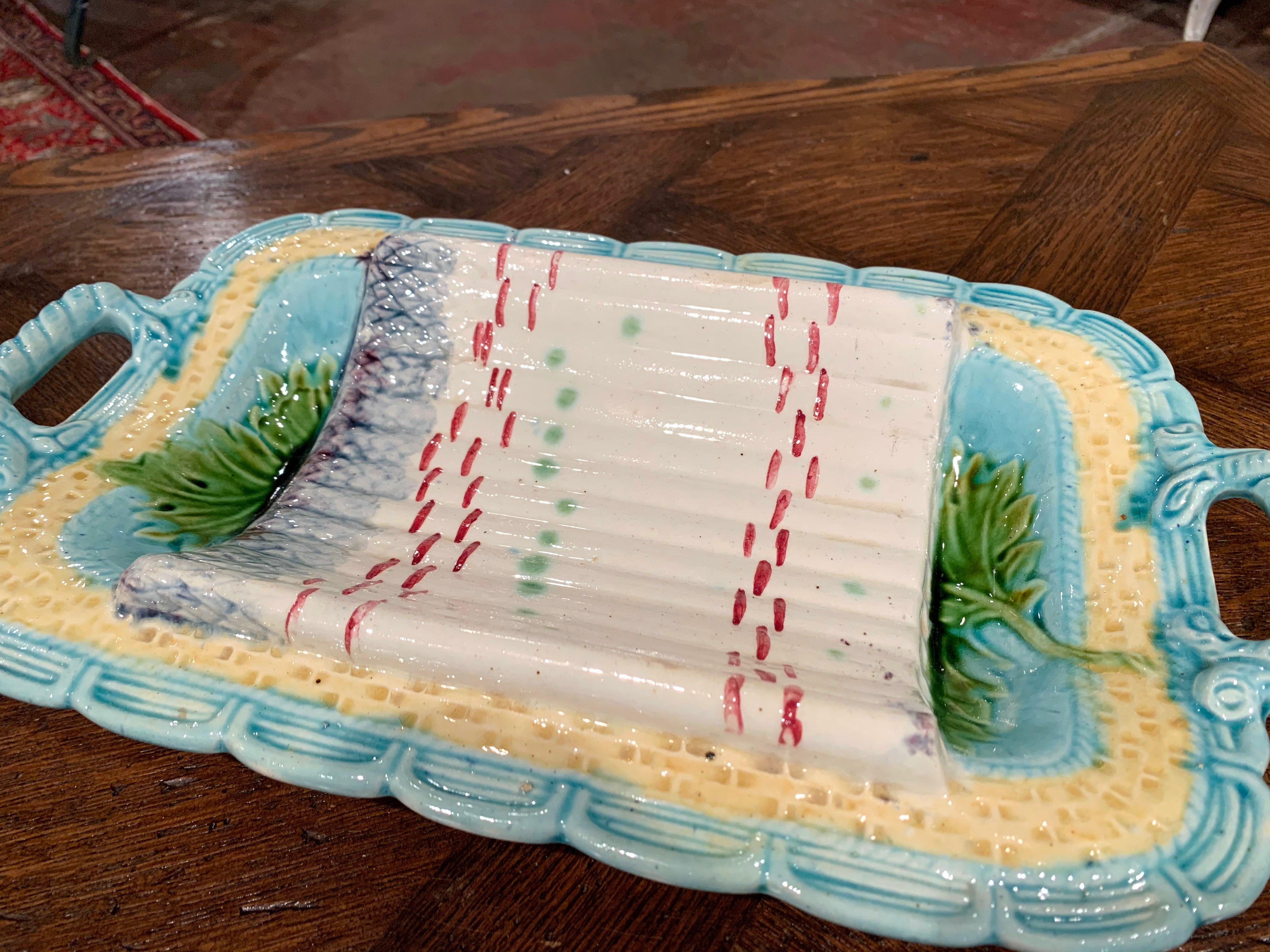 20th Century French Hand Painted Ceramic Barbotine Asparagus Dish from Salins 1