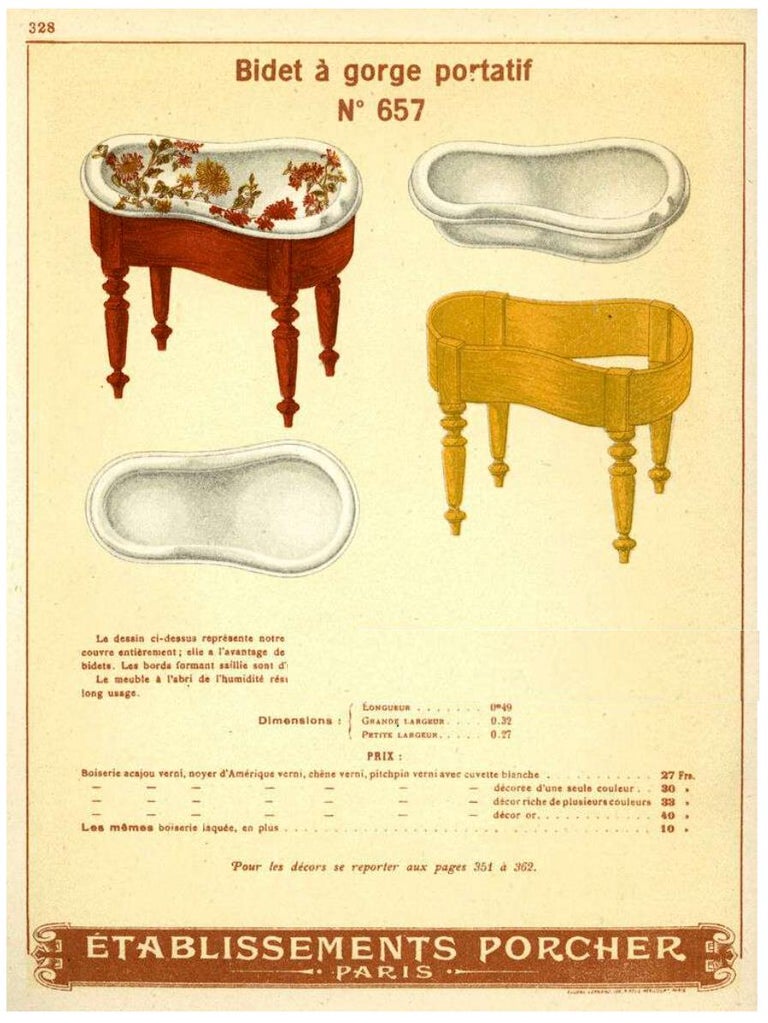 20th Century French Hand Painted Ceramic Bidet on Wooden Hand Carved