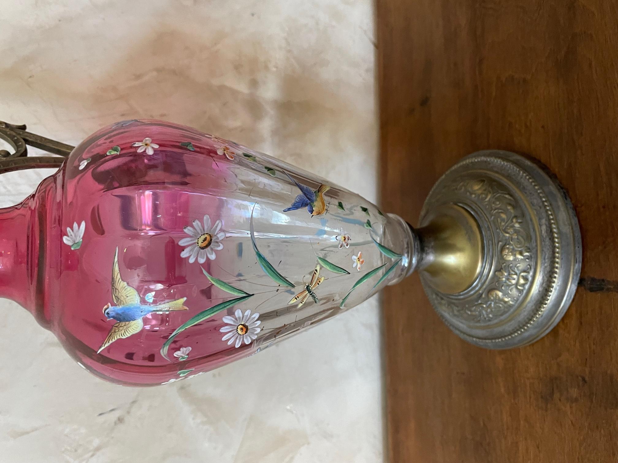 20th Century French Hand Painted Glass and Metal Ewer, 1900s In Good Condition In LEGNY, FR