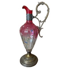 20th Century French Hand Painted Glass and Metal Ewer, 1900s