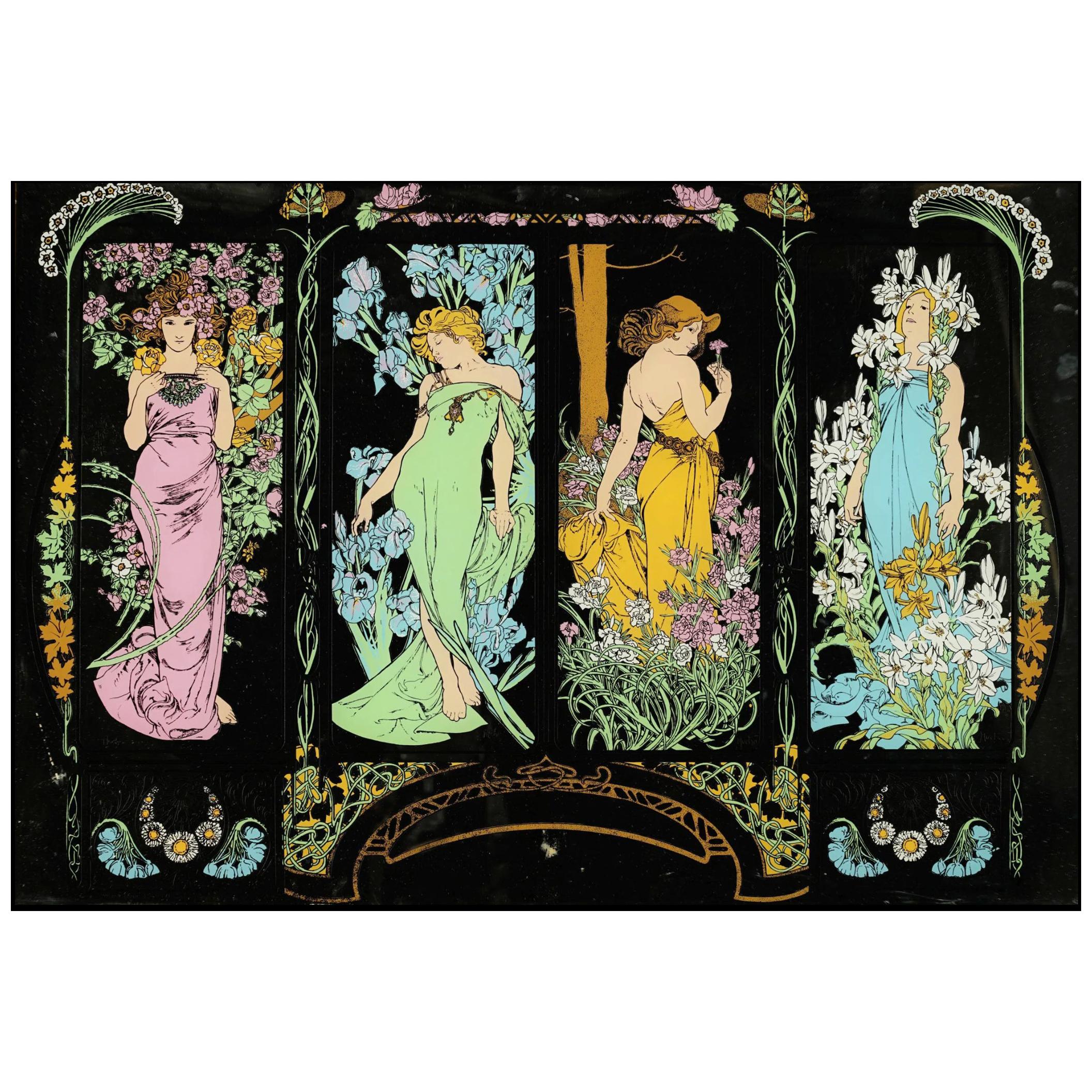 20th Century French Hand Painted Mirror "Four Seasons" in Alpnonse Mucha Style