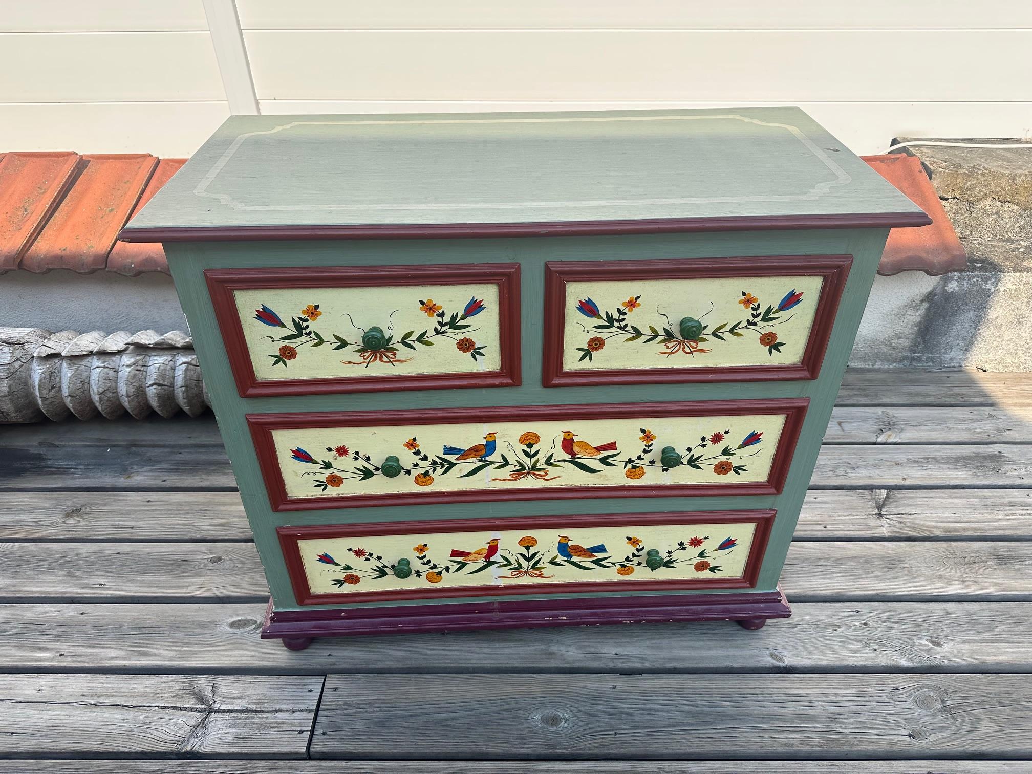 Hand-Painted 20th century French Hand Painted Pine Commode, 1980s For Sale