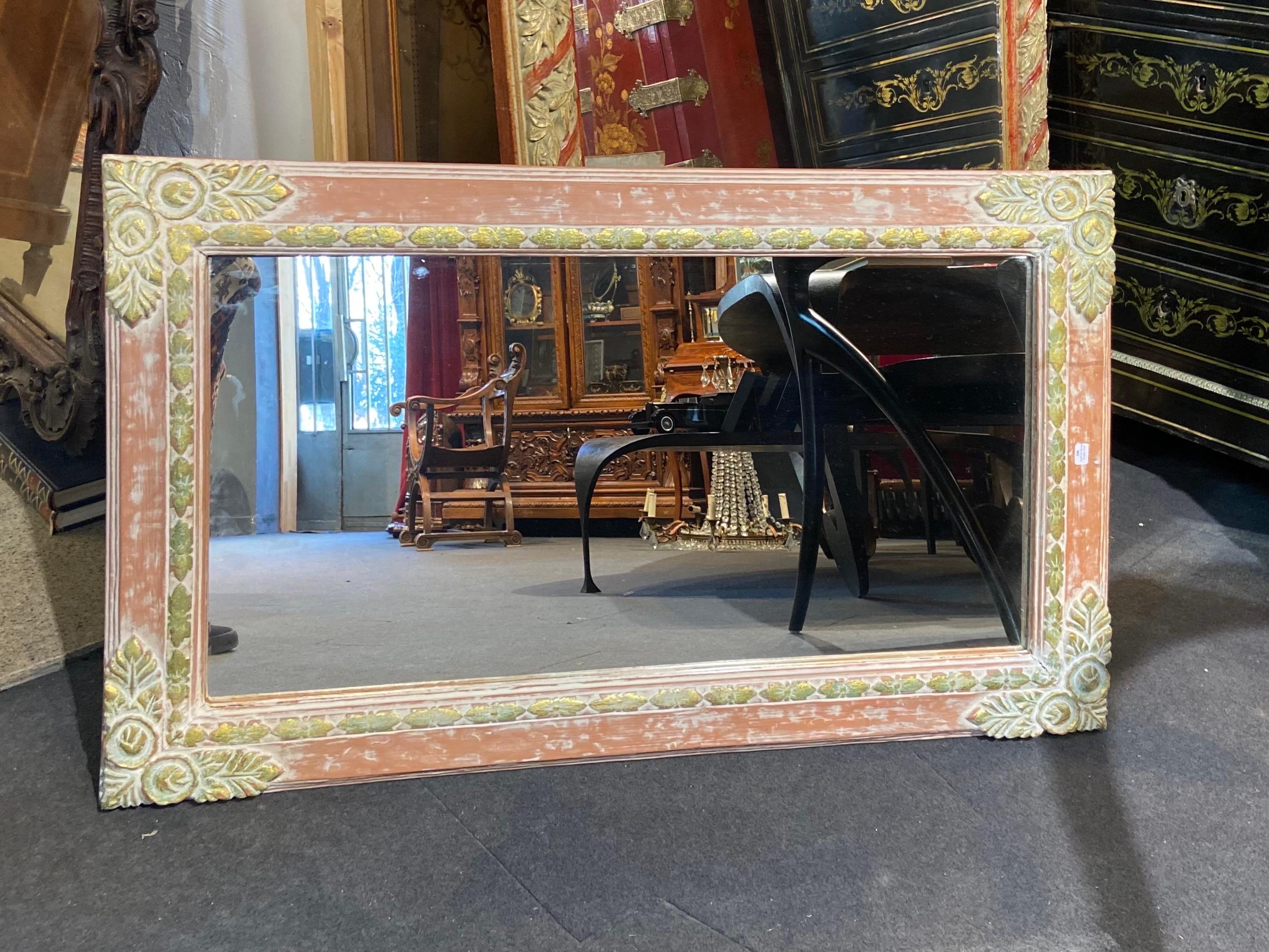 Hand-Carved 20th Century French Hand Painted Wooden Rectangular Wall Mirror