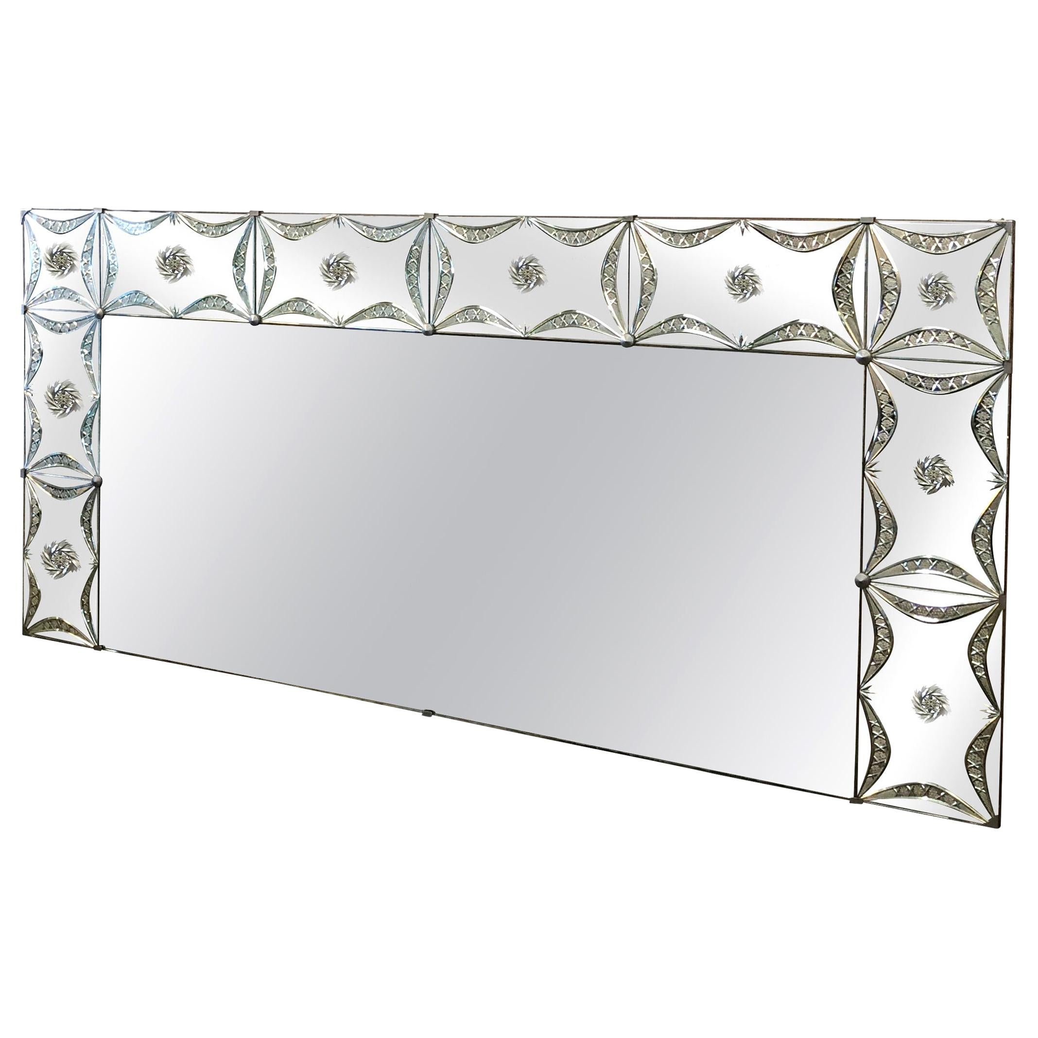 20th Century Silver French Horizontal Vintage Art Deco Glass Wall Mirror