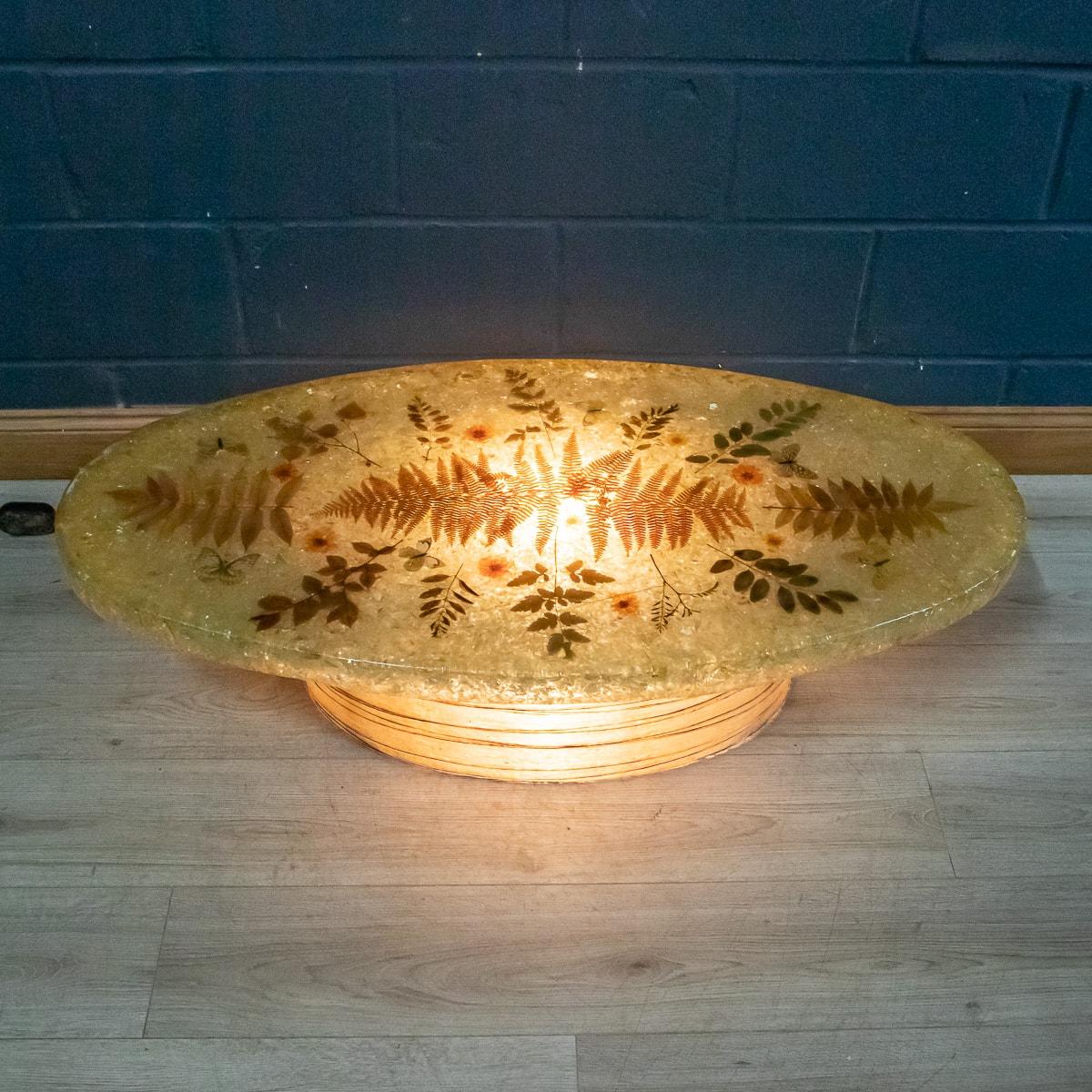 A beautiful illuminating “Accolay“ coffee table or side table made in France in the 1960s. The table top is entirely made of resin with inclusions of natural elements like leaves, flowers and butterflies, typical of the Accolay workmanship. It
