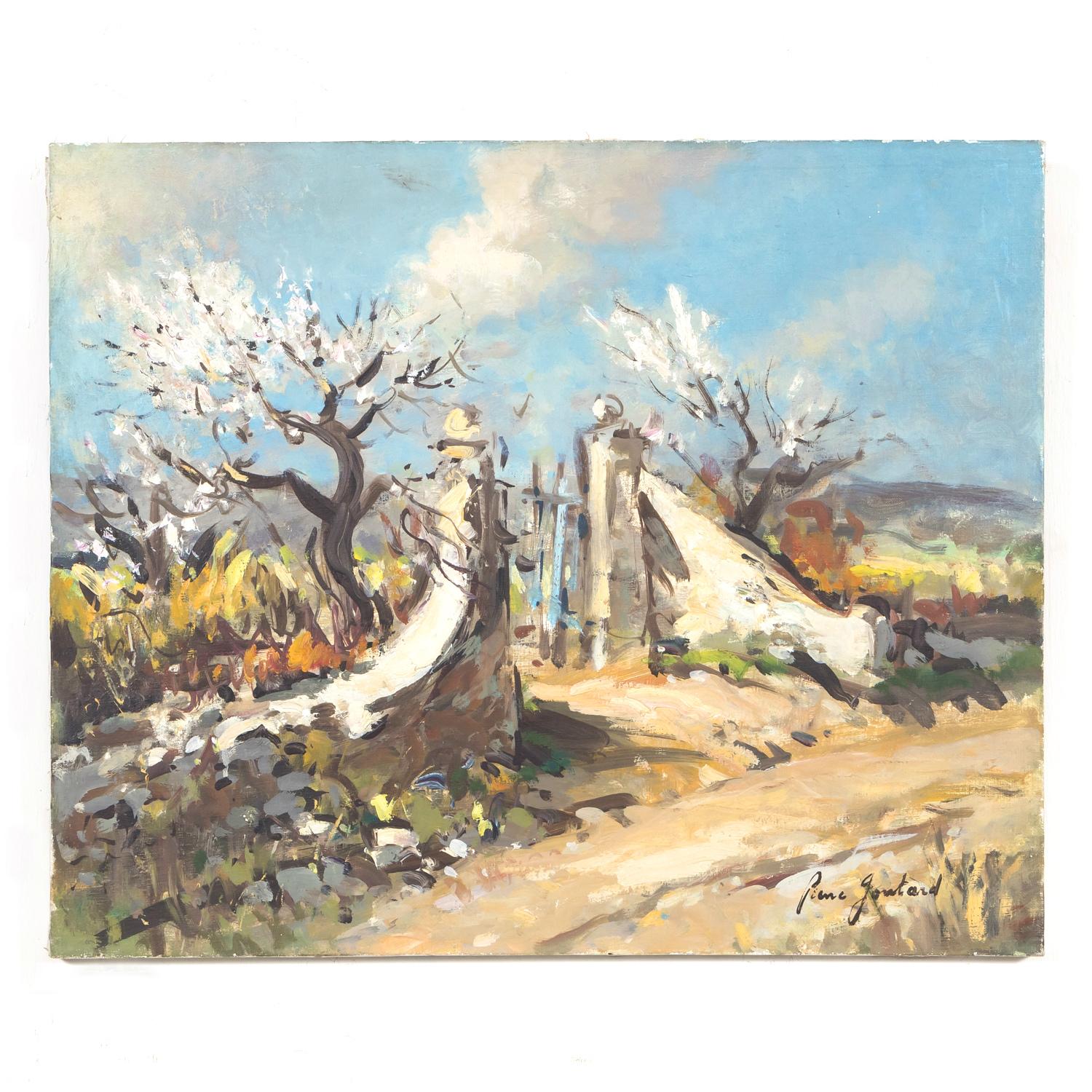 A vintage French Impressionist oil on canvas by French artist Pierre Goutard depicting Provence olive trees in a beautiful sun drenched landscape, circa 1950. Signed lower right Pierre Goutard.
Dimensions:
h - 20