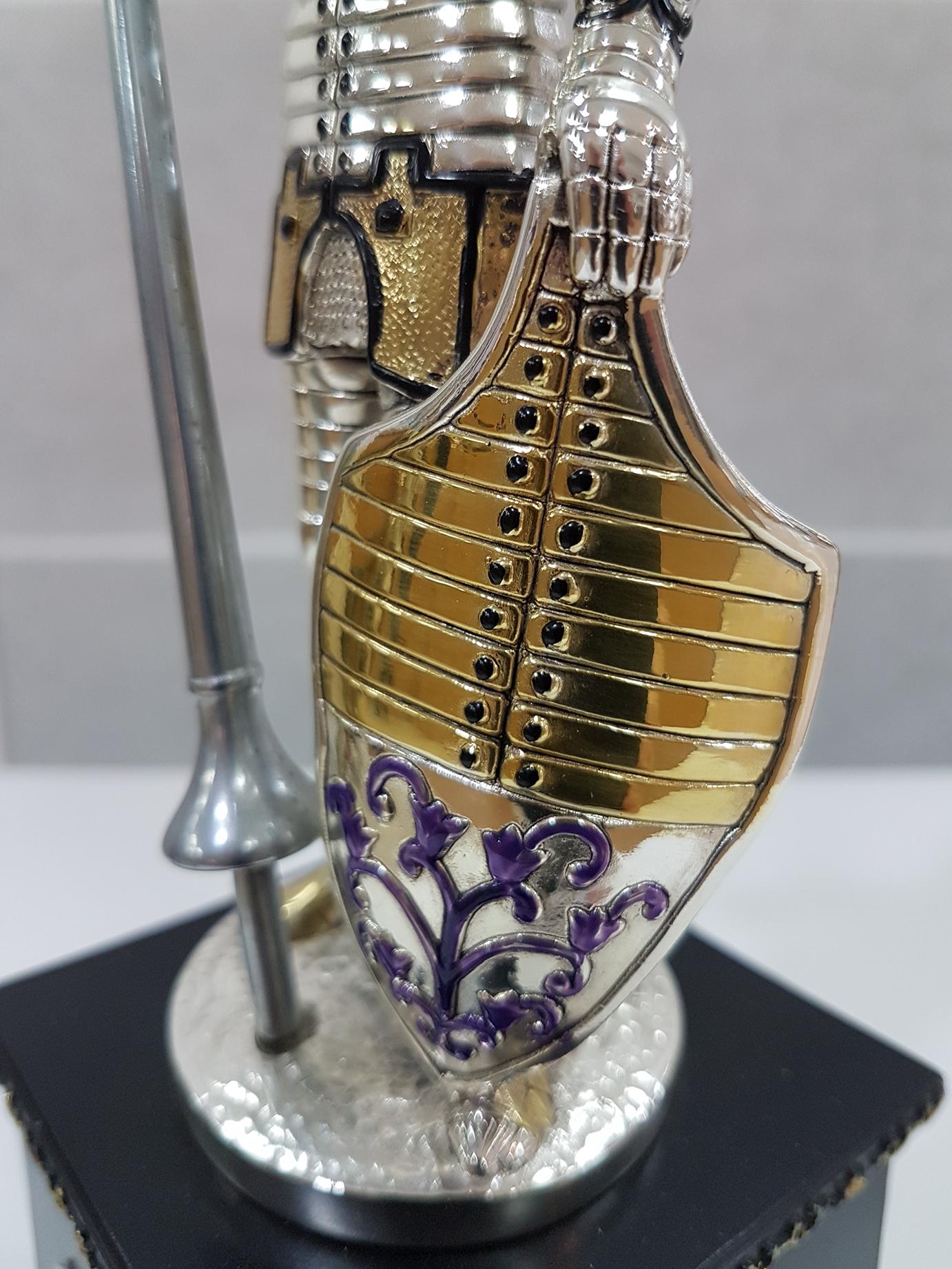 20th Century French in Enameled Sterling Silver Armor on Wood Decorated Base For Sale 1