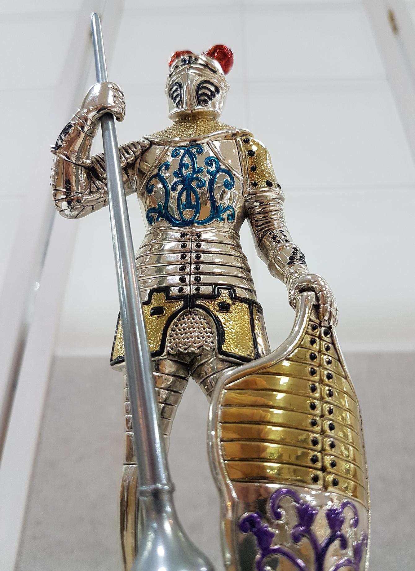 20th Century French in Enameled Sterling Silver Armor on Wood Decorated Base For Sale 4