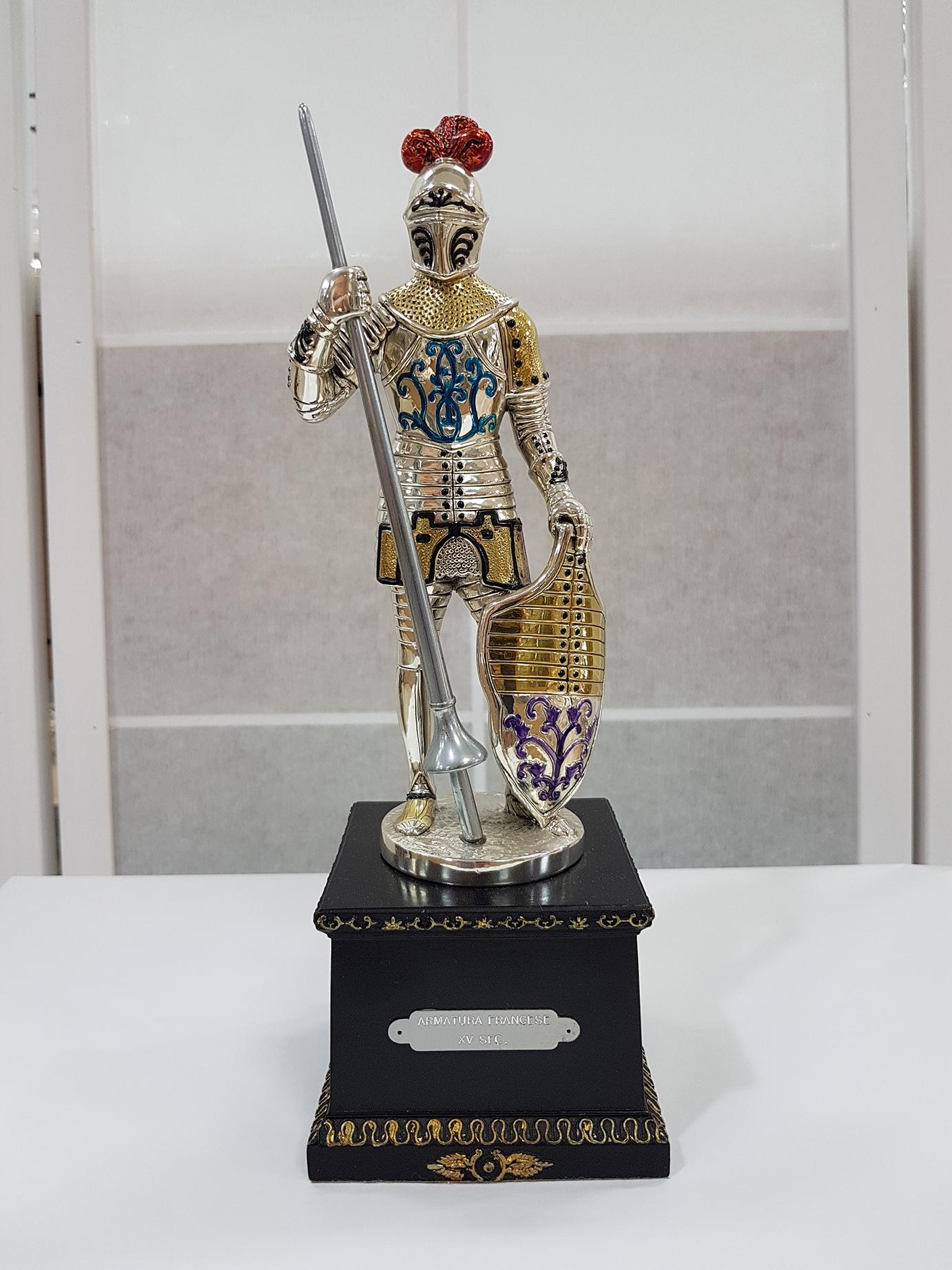 20th Century French in Enameled Sterling Silver Armor on Wood Decorated Base For Sale 5