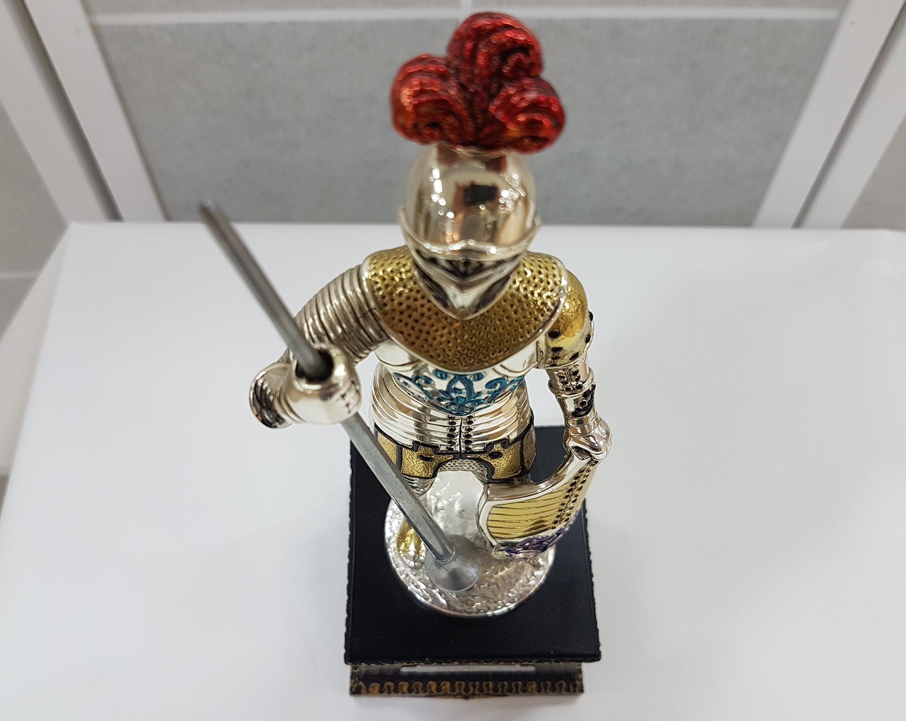 Medieval 20th Century French in Enameled Sterling Silver Armor on Wood Decorated Base For Sale