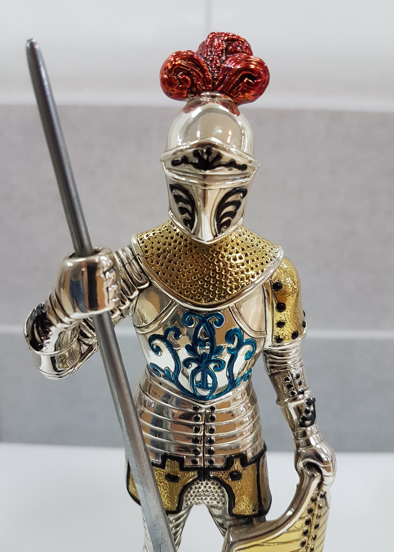 Italian 20th Century French in Enameled Sterling Silver Armor on Wood Decorated Base For Sale